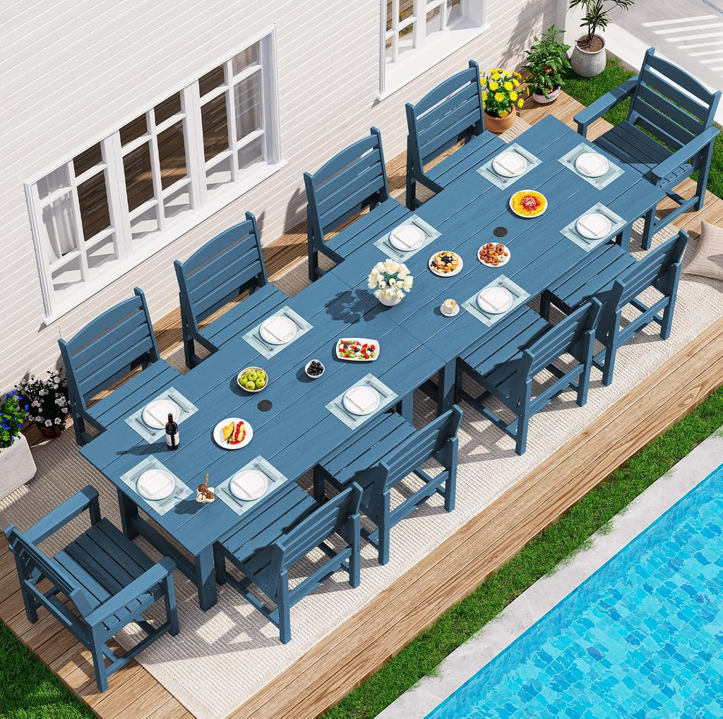 SERWALL Patio Dining Sets for 10 Person, HDPE Dining Set with 2 Tables, 8 Armless Chairs and 2 Armed Dining Chairs, Blue
