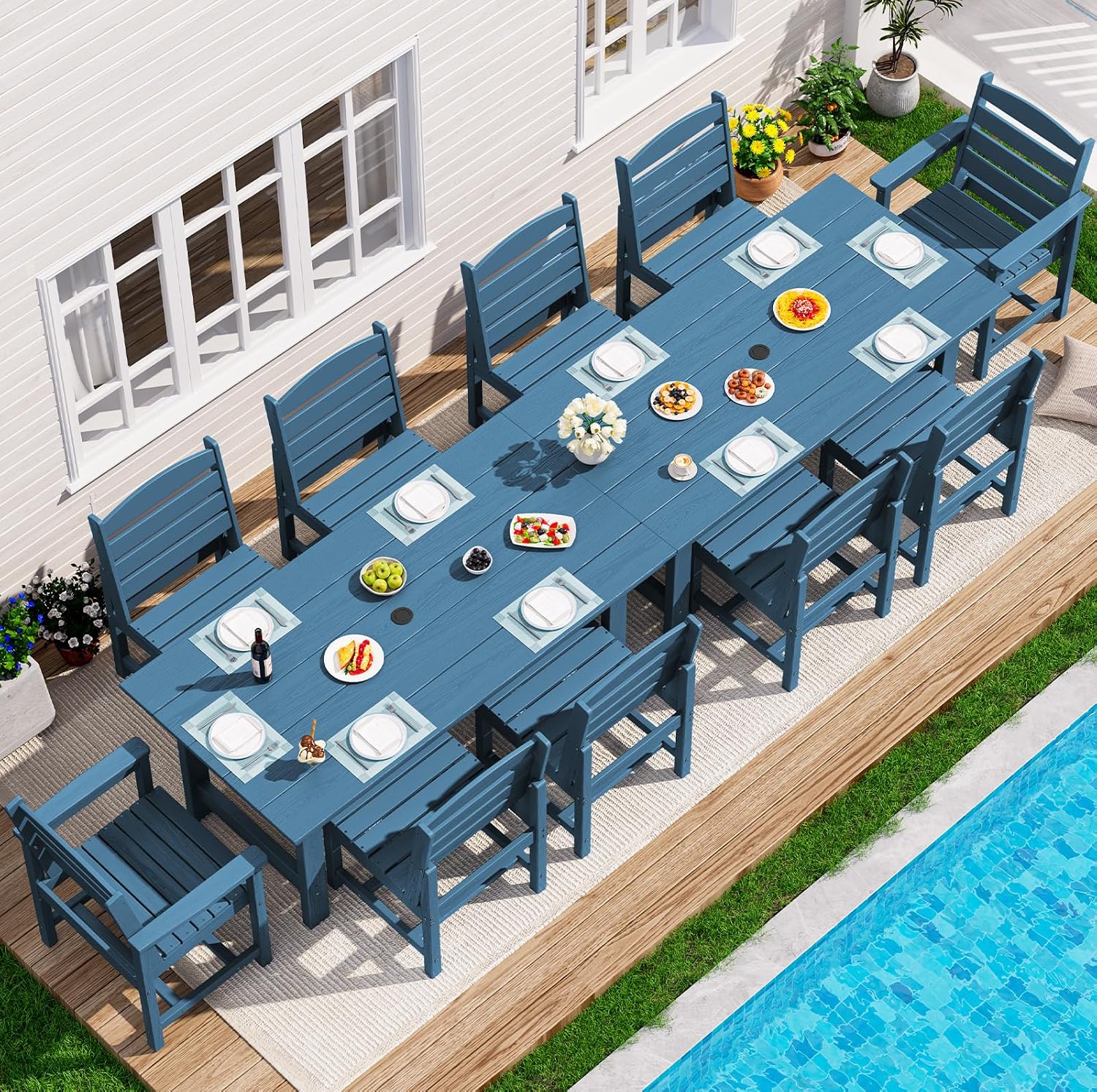 SERWALL Patio Dining Sets for 10 Person, HDPE Dining Set with 2 Tables, 8 Armless Chairs and 2 Armed Dining Chairs, Blue