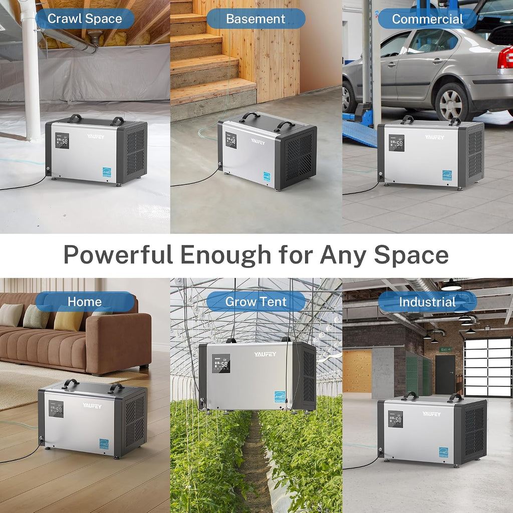 Yaufey 70 Pints Energy Star Commercial Dehumidifier with Drain Hose for 5000 Sq. Ft. Crawl Space, Basement, Industrial, 10-90% RH Humidity Control, 24/7 Continuous Drainage,TUV Certified,5-Yr Coverage