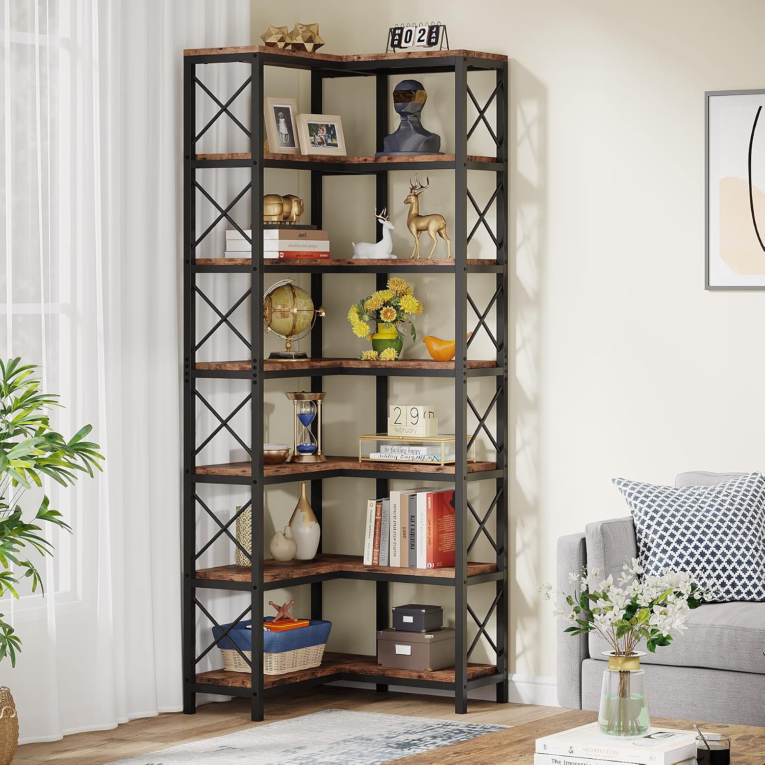 Tribesigns 7-Shelf Corner Bookshelf,Large Modern Corner Bookcase, 7-Tier Tall Corner Shelf Storage Display Rack with Metal Frame for Living Room Home Office (Rustic Brown) | Large, Corner Bookcase, Tall, Corner Shelf, Storage Display Rack, Living Room