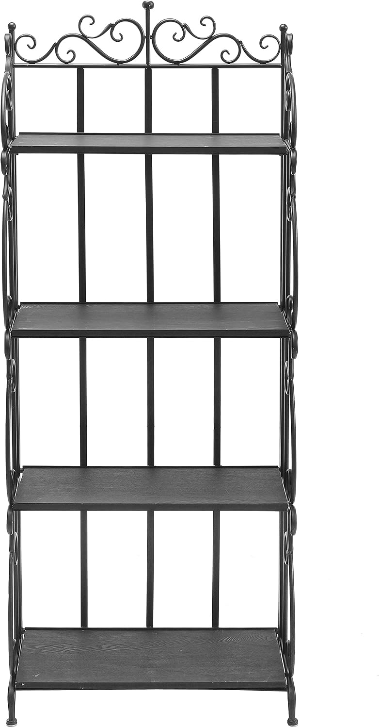 MyGift Black Metal Freestanding Shelf Rack, Decorative Bakers Rack Bookshelf Storage Shelf Unit with Metal Scrollwork Frame, Indoor Plant Pot Display Stand with 4 Wood Shelves