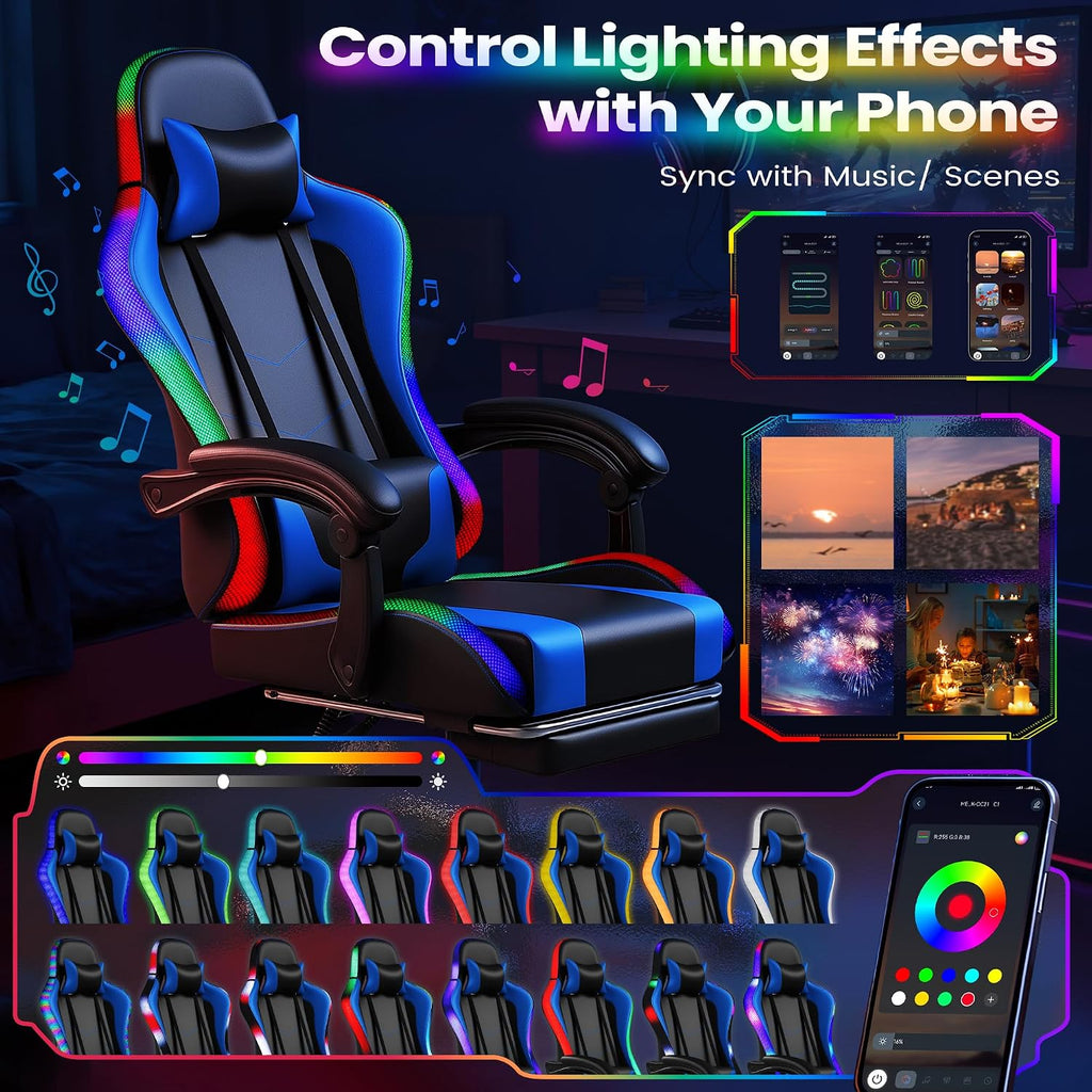 Homall Gaming Chair, Video Game Chair with Footrest and Massage Lumbar Support, Ergonomic Computer Chair Height Adjustable with Swivel Seat and Headrest (RGB Blue)