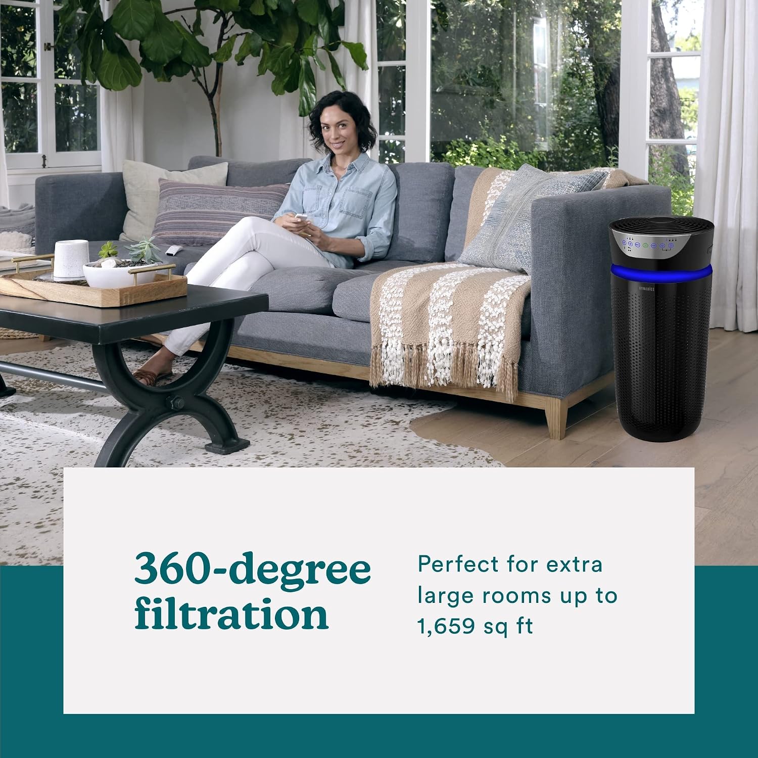 Homedics 5-in-1 UV-C Air Purifier - 360-Degree HEPA Filter for 1,593 Sq Ft, Extra Large Air Purifiers for Bedroom and Home, Essential Oil Pads, Built-In Timer, 5 Speed Settings for Large Rooms, Black