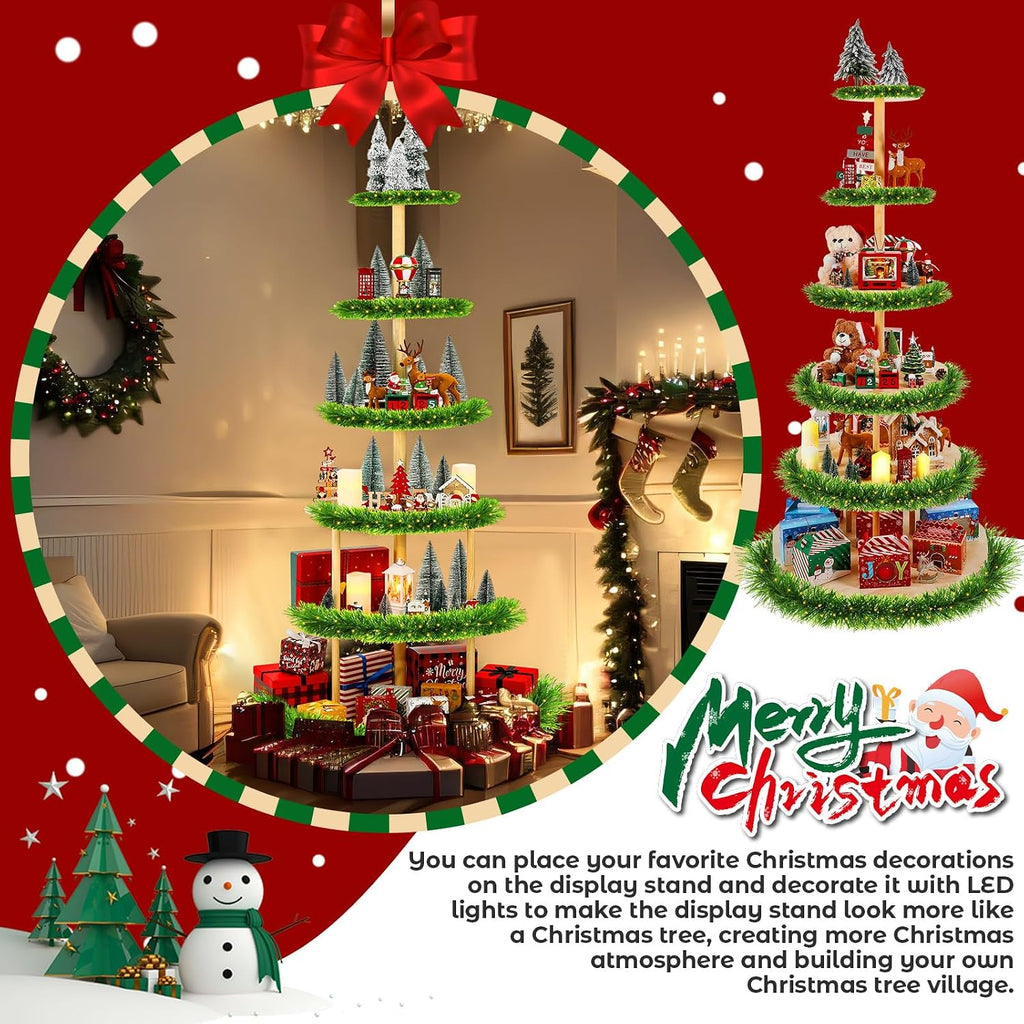 DoubleFill 6 Tier 72 Inch Christmas Tree Village Stand Christmas Bookshelf Display Supply Large Xmas Ornament Displays Tree Stands Xmas Wooden Display Trees Stand for Holiday Displays (Semicircle)