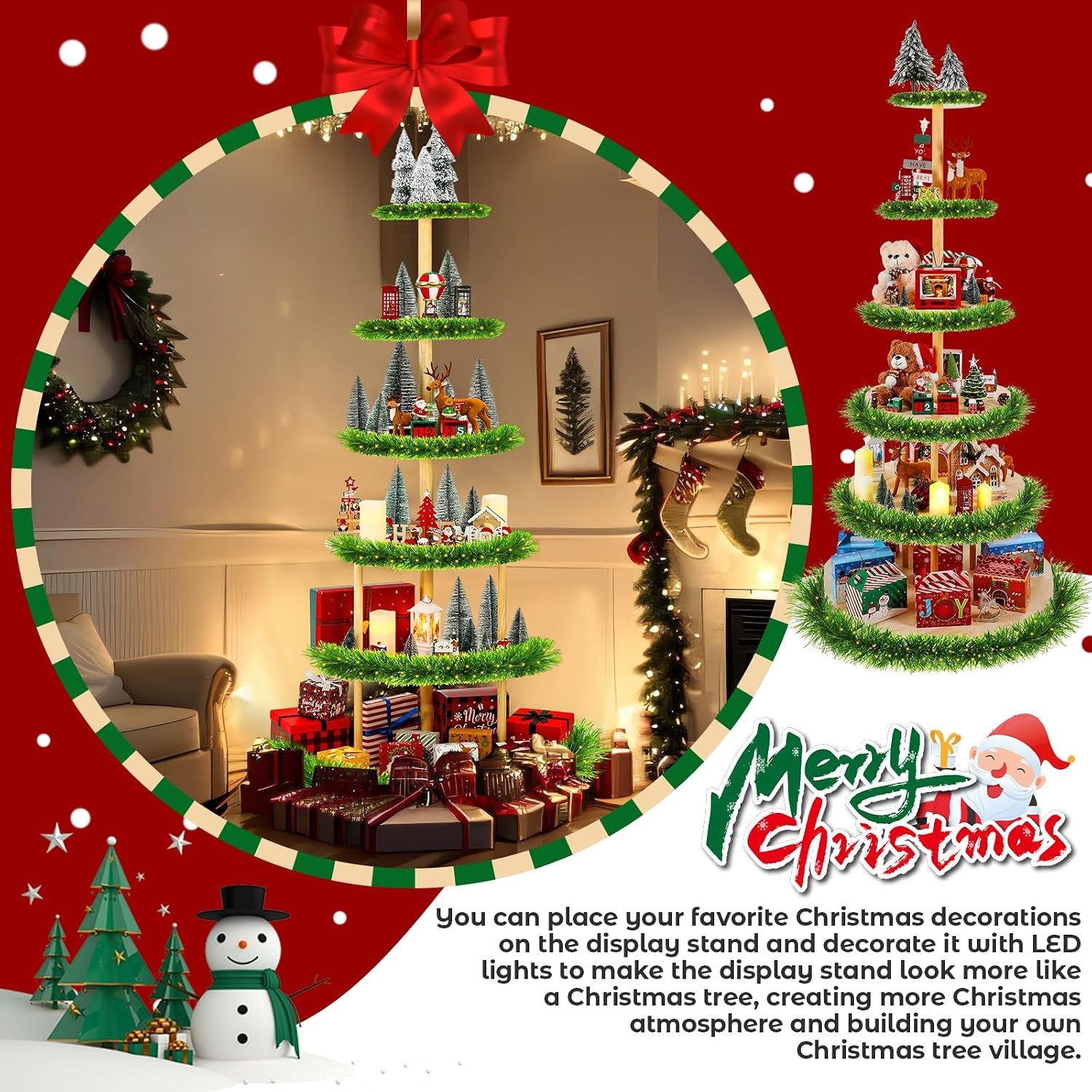 DoubleFill 6 Tier 72 Inch Christmas Tree Village Stand Christmas Bookshelf Display Supply Large Xmas Ornament Displays Tree Stands Xmas Wooden Display Trees Stand for Holiday Displays (Semicircle)
