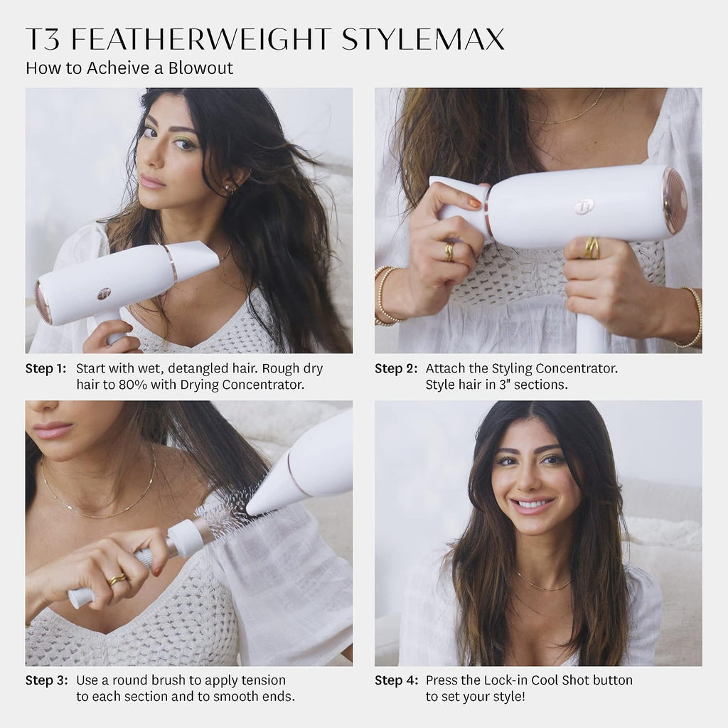 T3 Featherweight StyleMax Professional Ionic Hair Dryer with Custom Heat Automation & 4 Attachments,Fast Drying,Lightweight with 5 Heat & 3 Speed Settings,2 Concentrators,Diffuser & Smoothing Comb