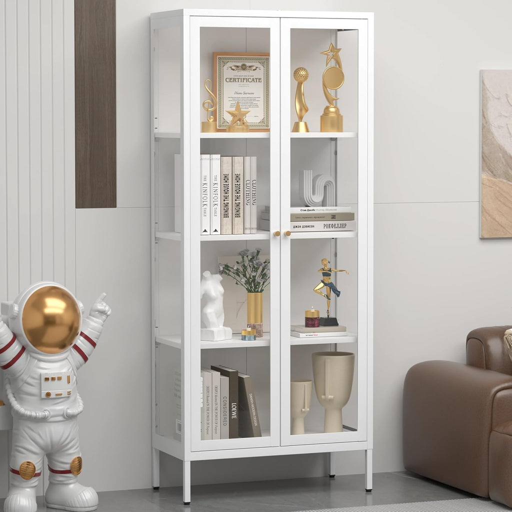 UNICOLY Display Cabinet with Glass Doors, Glass Display Cabinet 4-Tier, Metal Curio Display Cabinet with Tempered Glass Doors for Living Room, Plant, Display Shelf, Assembly Required, White