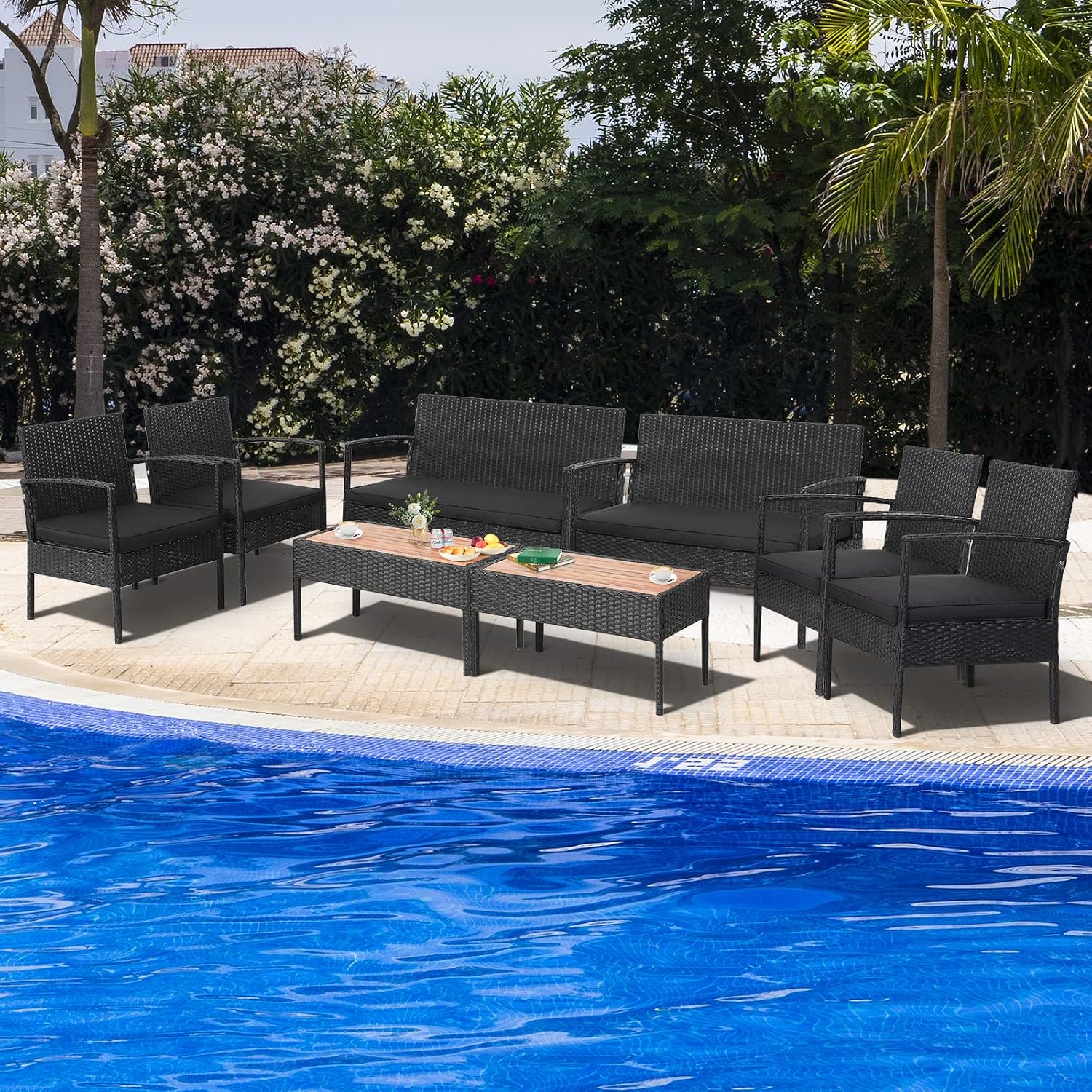 Tangkula 8 Piece Patio Rattan Conversation Set, Outdoor Wicker Sofa Furniture with Loveseat & 2 Single Chairs, Acacia Wood Tabletop, Outside Sectional for Poolside, Deck, Garden (2, Black)