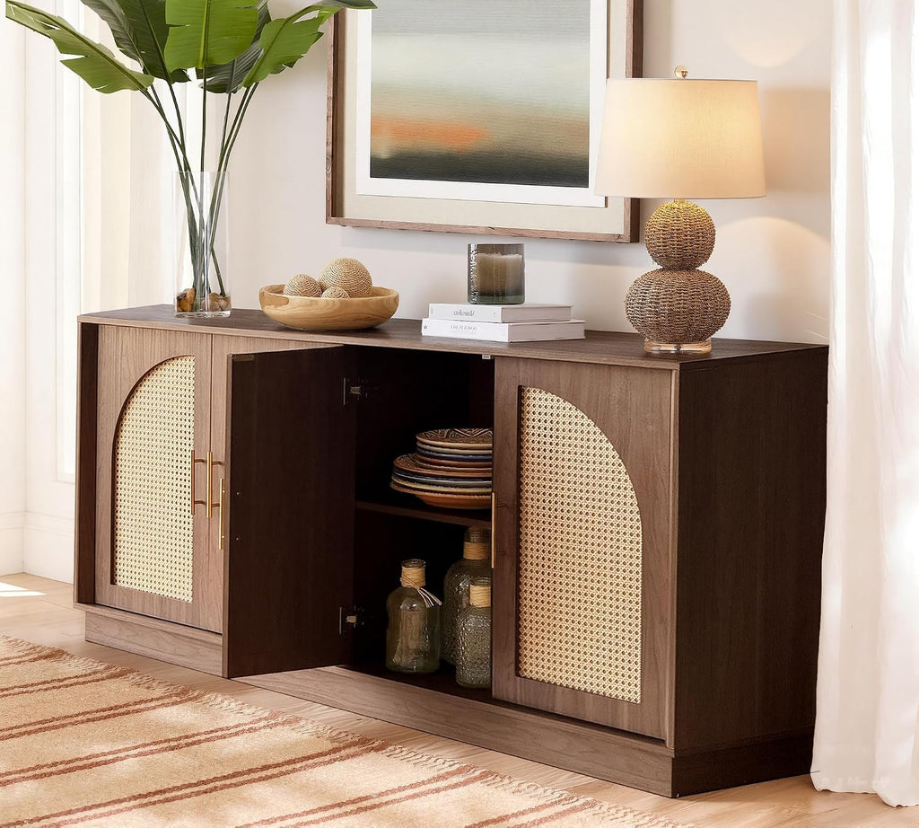 FORTUNETEC 63' Sideboard Buffet Cabinet with Storage, Modern Accent Cabinet with Rattan Arched Doors, Modular Media Console, Boho Credenza for Living Room Kitchen Dining Room Entryway, Walnut