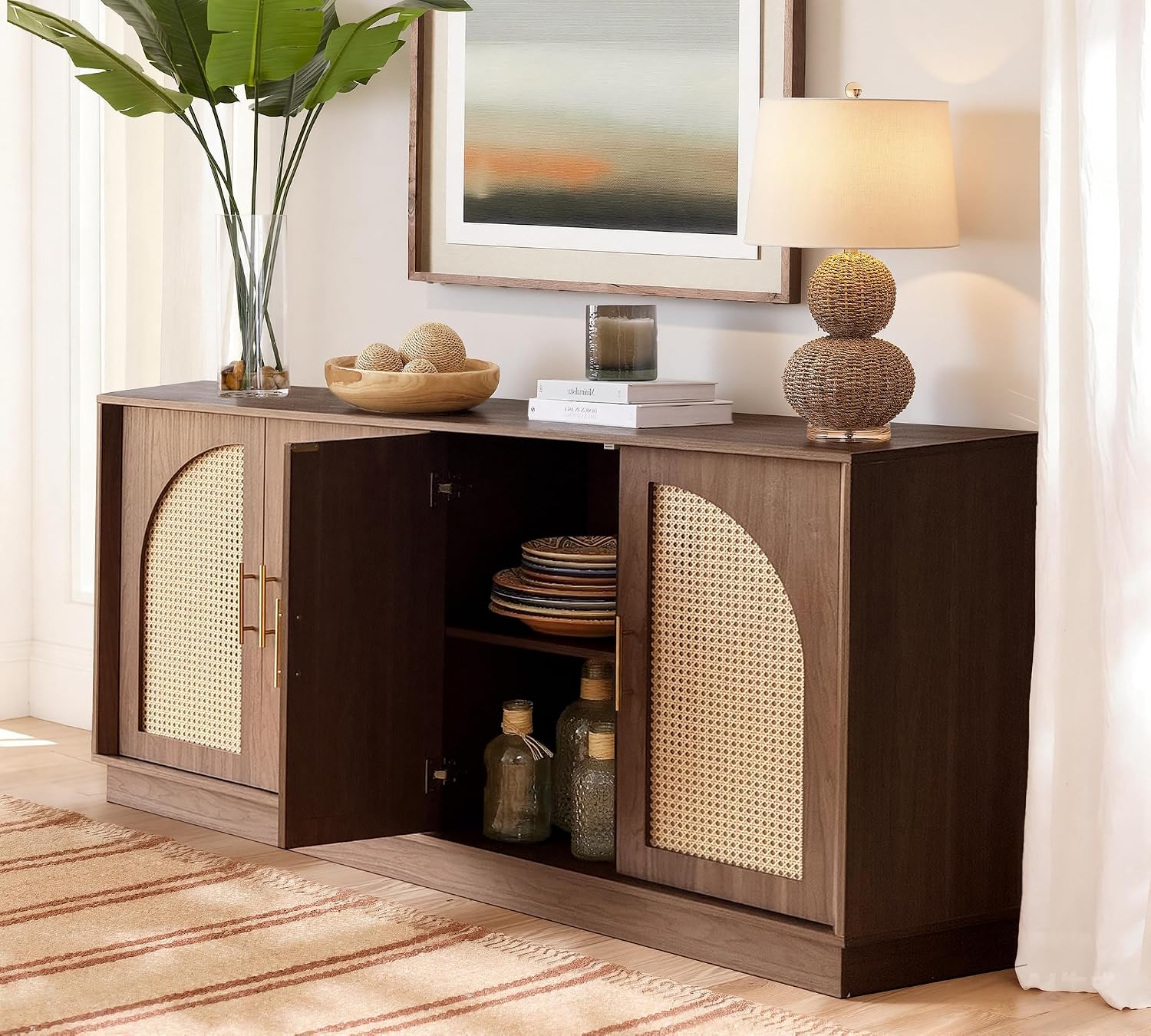 FORTUNETEC 63' Sideboard Buffet Cabinet with Storage, Modern Accent Cabinet with Rattan Arched Doors, Modular Media Console, Boho Credenza for Living Room Kitchen Dining Room Entryway, Walnut