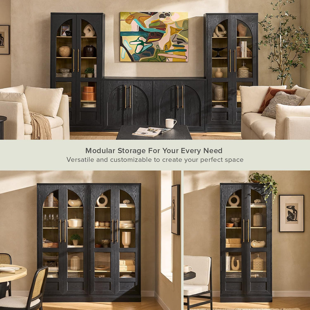 mopio Blake Tall Display Cabinet, Kitchen Buffet Pantry Cupboard, Trophy Display Case, Storage Cabinet Scratch Resistant Acrylic, Modern Farmhouse Curio Organizer (Black Oak Arched, Single)