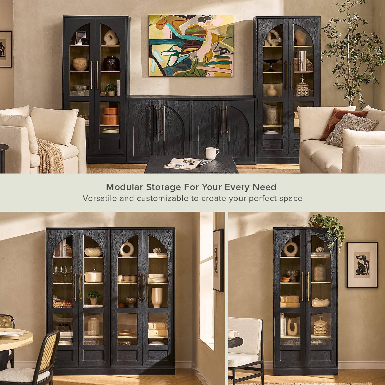 mopio Blake Tall Display Cabinet, Kitchen Buffet Pantry Cupboard, Trophy Display Case, Storage Cabinet Scratch Resistant Acrylic, Modern Farmhouse Curio Organizer (Black Oak Arched, Single)