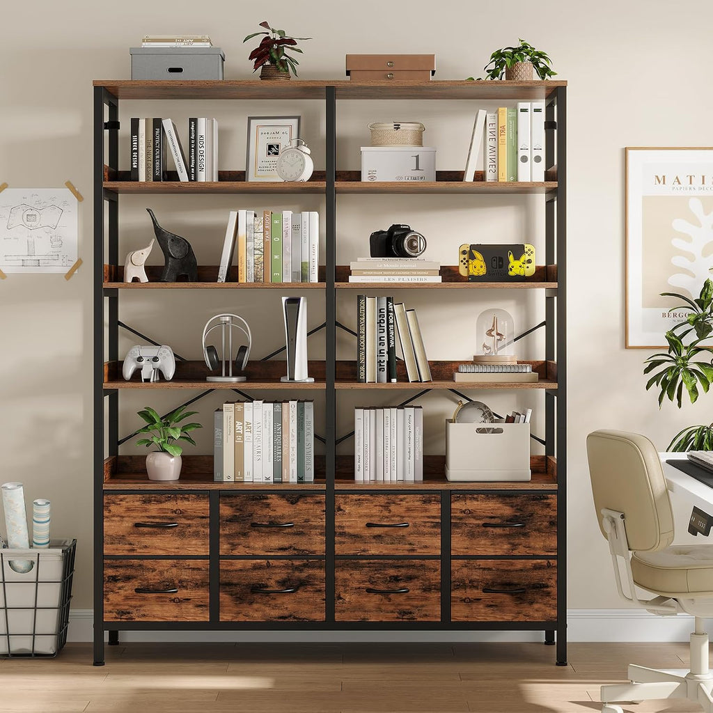 HAUOMS Bookshelf with 8 Fabric Drawers, 7-Tier Bookcase with Baffles Display Shelves, Industrial Large Book Shelf for Living Room Home Office, Rustic Brown