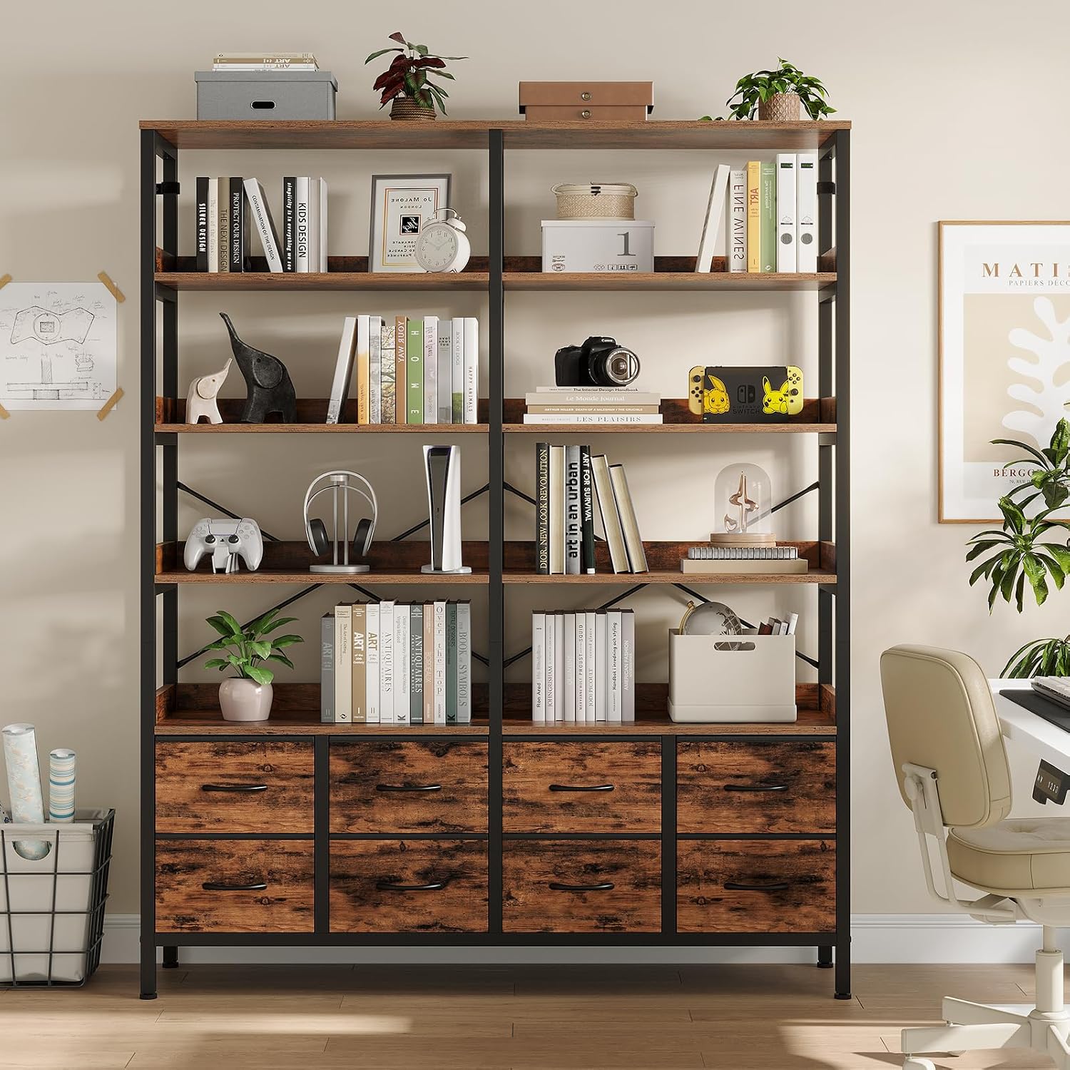 HAUOMS Bookshelf with 8 Fabric Drawers, 7-Tier Bookcase with Baffles Display Shelves, Industrial Large Book Shelf for Living Room Home Office, Rustic Brown
