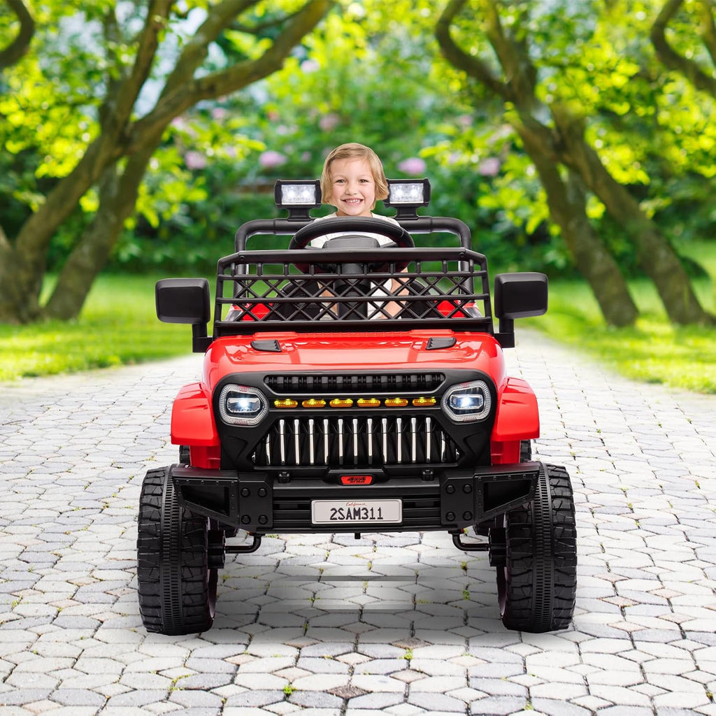 12V Ride On Car for Kids Electric Vehicle Toddlers Battery Powered Truck Car Toy with Remote Control, 4-Wheel Suspension, Battery Display, LED Lights, Music, for Boys Girls, Red