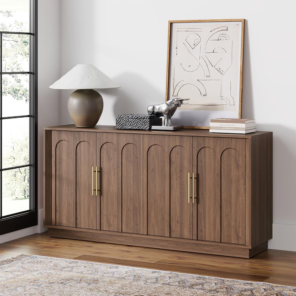 FORTUNETEC Sideboard Buffet Cabinet with Storage, Mid Century Modern Accent Cabinet with Arched Doors, Modular Media Console, Minimalist Credenza for Living Room Kitchen Dining Room Entryway, Walnut