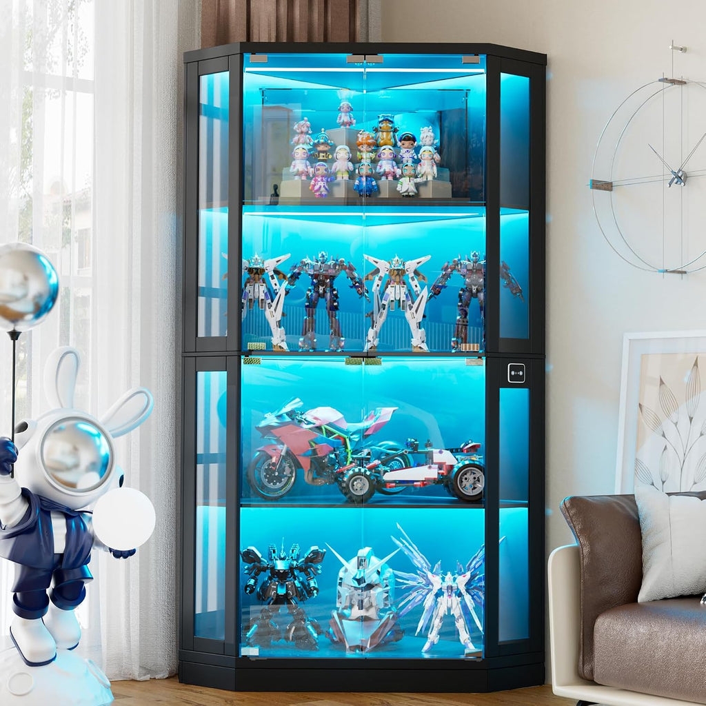 PAKASEPT Corner Display Cabinet with Glass Doors, 66.3'Corner Curio Cabinets with LED Lights, 4-Tier Display Shelf with Human Body Sensor for Toys, Books, Collectibles