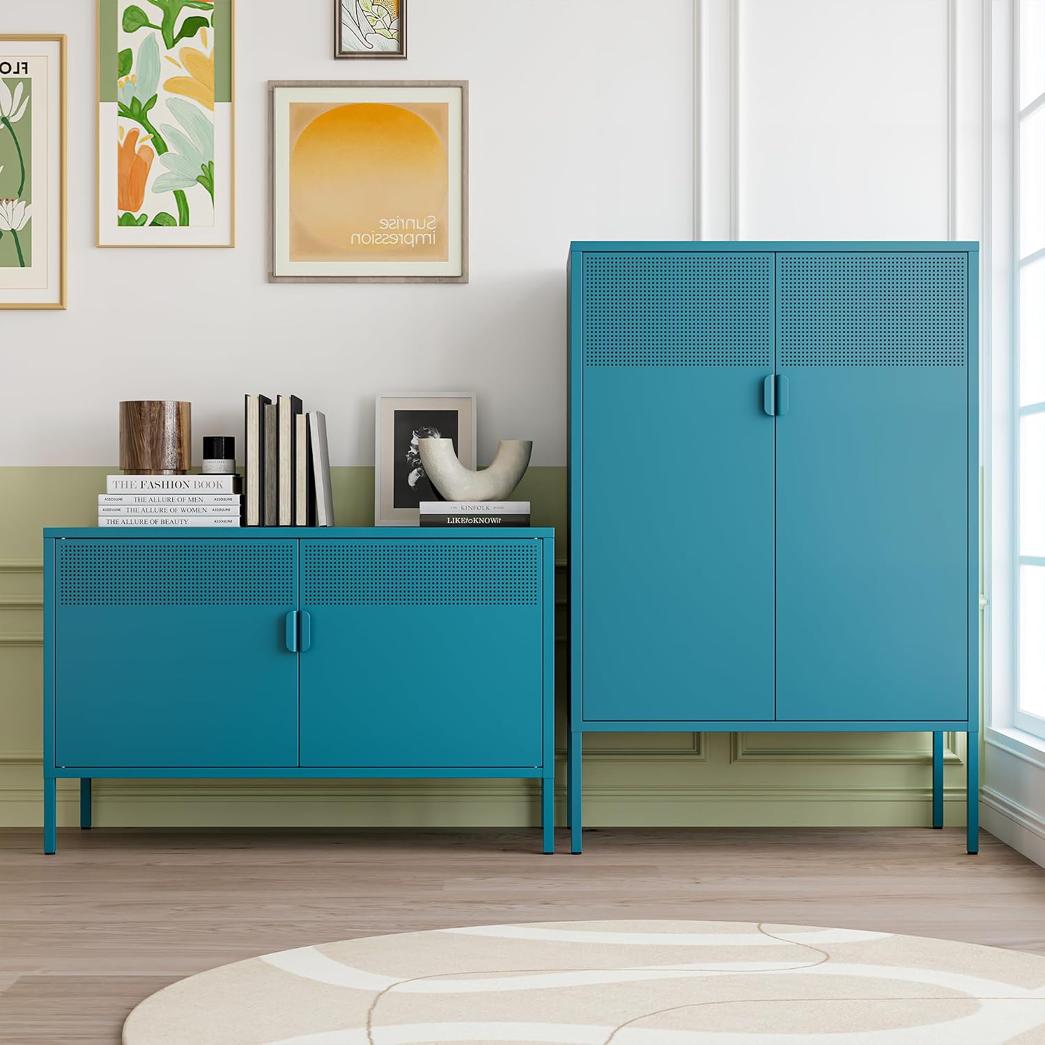 Chshin Metal Storage Cabinet with Doors,Blue Accent Cabinet,Metal Locker Storage Cabinets,2 Door TV Media Stand with Removable Shelves for,Home,Office,Entryway,Living Room