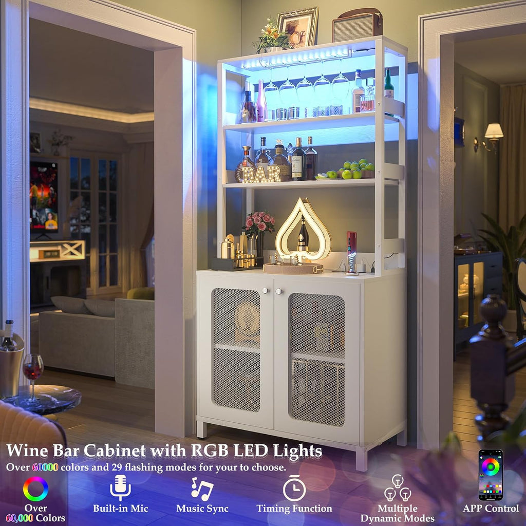 Aheaplus Bar Cabinet with Power Outlets, 67' Tall Wine Bar Cabinet Liquor Cabinet with LED Lights and Glass Holder, Coffee Bar Station for Living Room, Microwave Stand Bakers Rack Cabinet, White