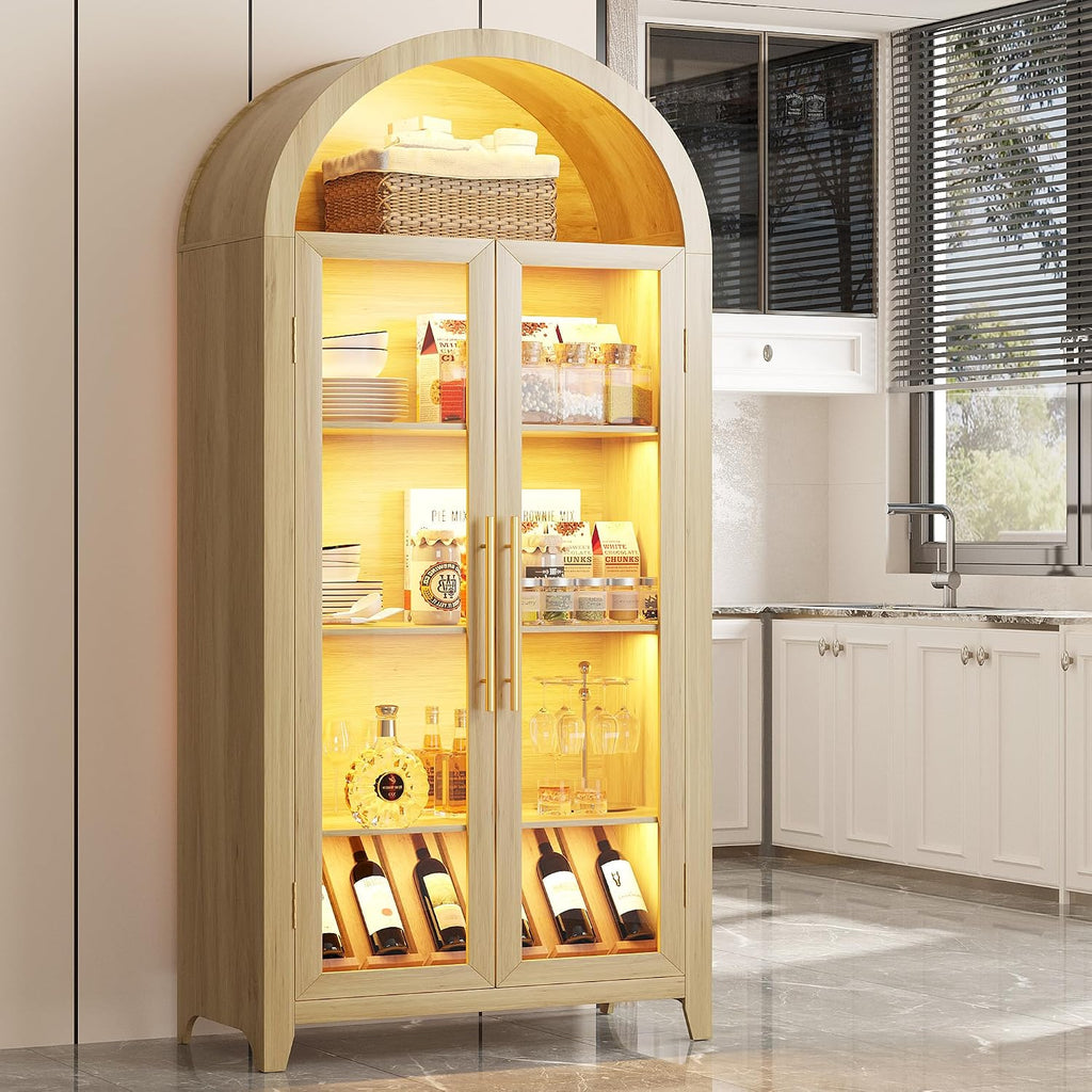Vlsrka 71' Arched Kitchen Pantry Storage Cabinet with Glass Doors, 5-Tier Display Cabinet for Collectibles, Tall Bookcase with LED Light & Human Sensor, Curio Cabinet with Adjustable Shelf