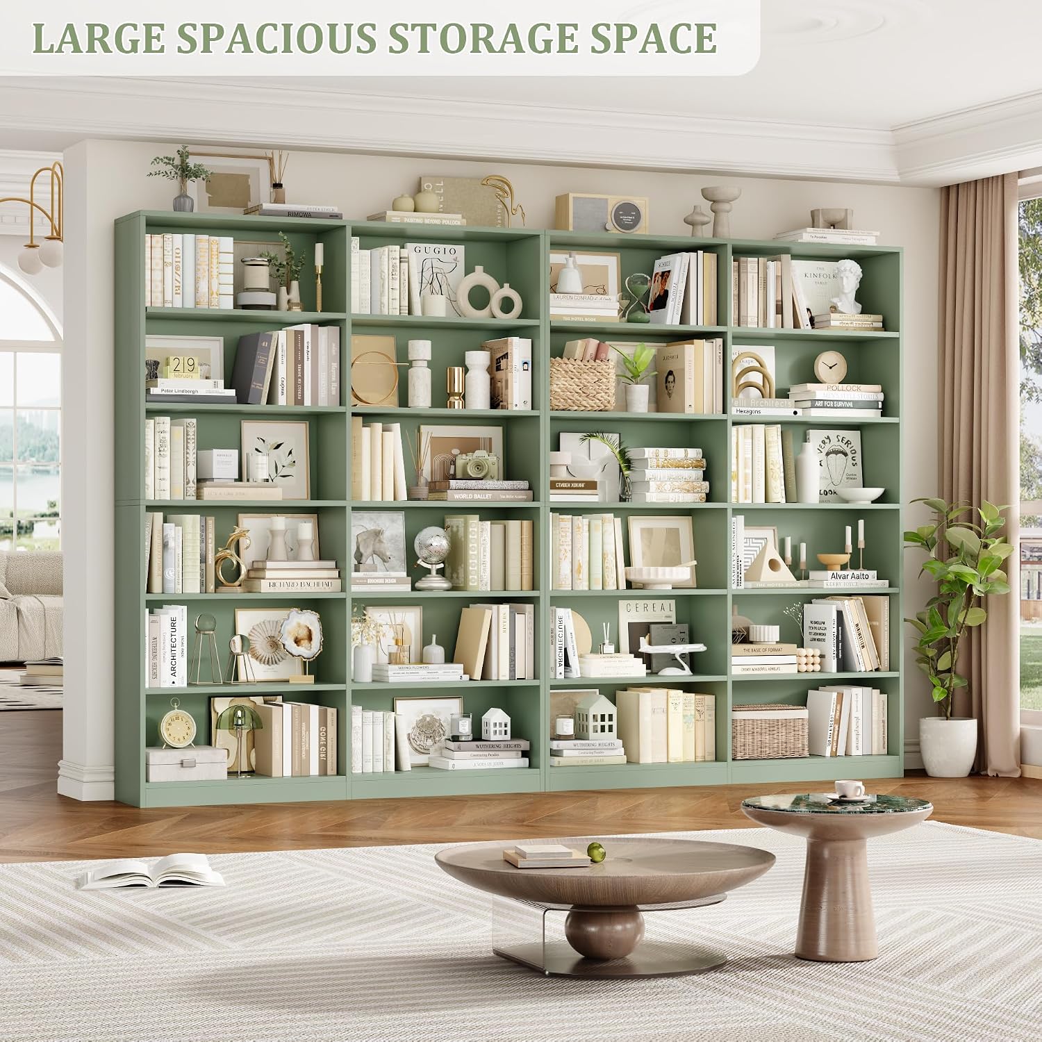 FACBOTALL Bookshelf and Bookcase, 6-Tier Double Wide Bookshelves, Freestanding Display Storage Shelves, Tall Bookcases for Home Decor Bedroom, Living Room, Home Office, Green