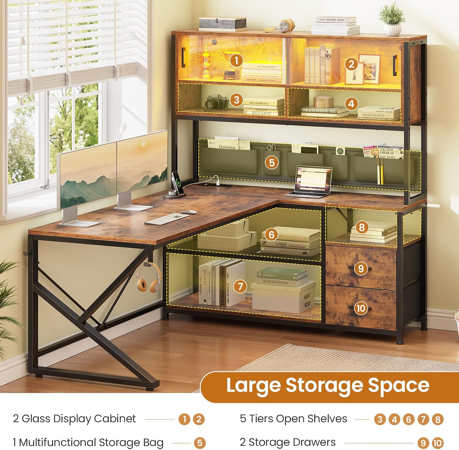 SEDETA L Shaped Computer Desk, Home Office Desk with 2 Drawer and Bookshelf, L Shaped Gaming Desk with LED Light, Glass Cabinet and Storage Bag, Corner Desk with Storage Shelves, Rustic Brown