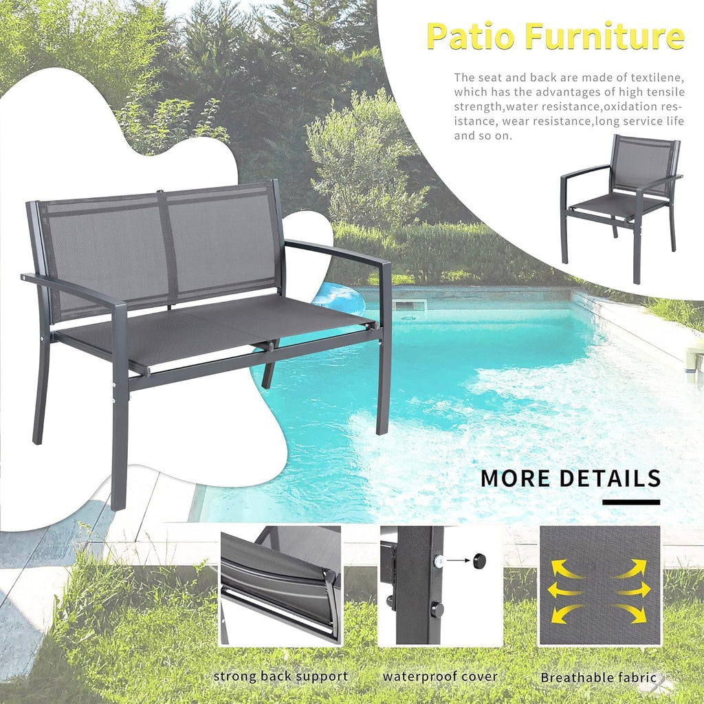 Shintenchi 4 Pieces Patio Furniture Set All Weather Textile Fabric Outdoor Conversation Set, with Glass Coffee Table, Loveseat, 2 Single Chairs for Home, Garden, Lawn, Porch（Gray）