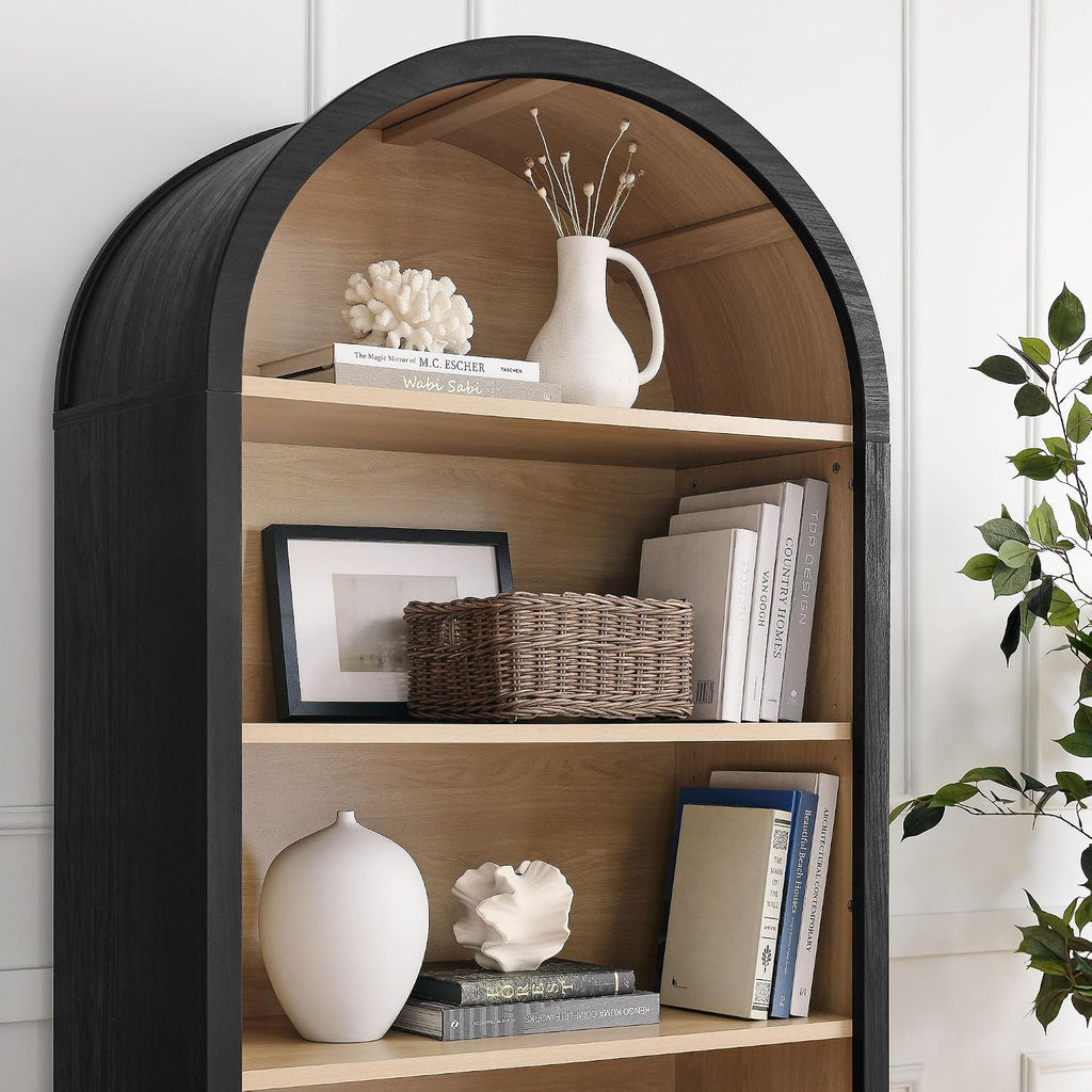 Modway Evie Modern Arched Wide Bookcase in Black - 76 Inch Open Shelf Display Cabinet - Stylish 5-Tier Bookshelf for Living Room, Dining Room, or Home Office