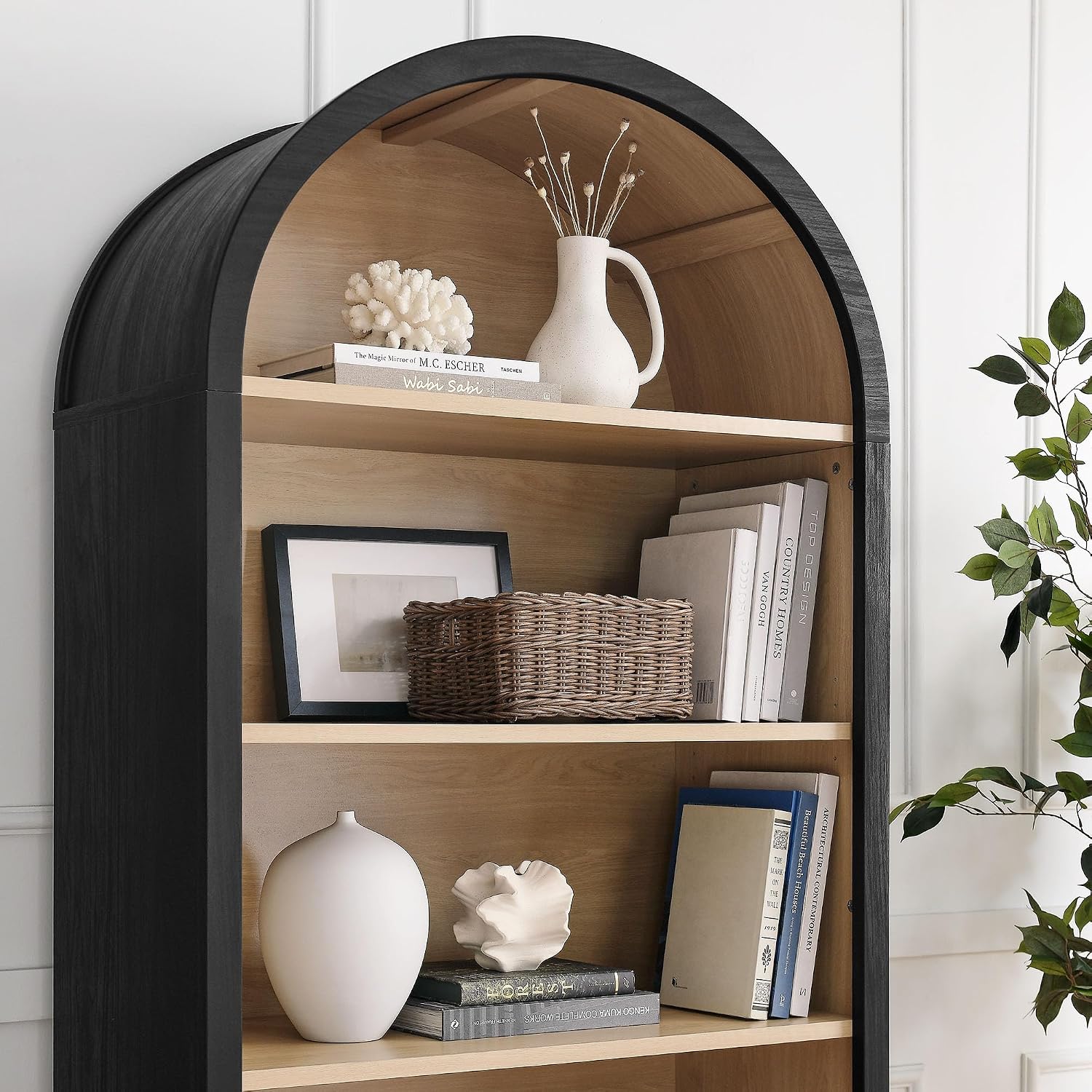 Modway Evie Modern Arched Wide Bookcase in Black - 76 Inch Open Shelf Display Cabinet - Stylish 5-Tier Bookshelf for Living Room, Dining Room, or Home Office