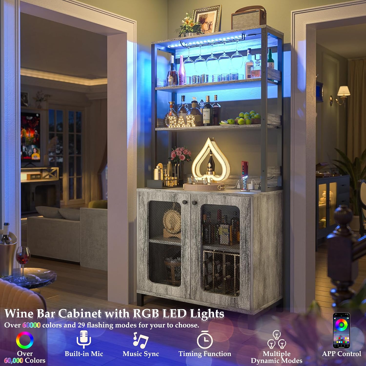 Aheaplus Bar Cabinet with Power Outlets, 67' Tall Wine Bar Cabinet Liquor Cabinet with LED Lights and Glass Holder, Coffee Bar Station for Living Room, Microwave Stand Bakers Rack Cabinet, White Oak