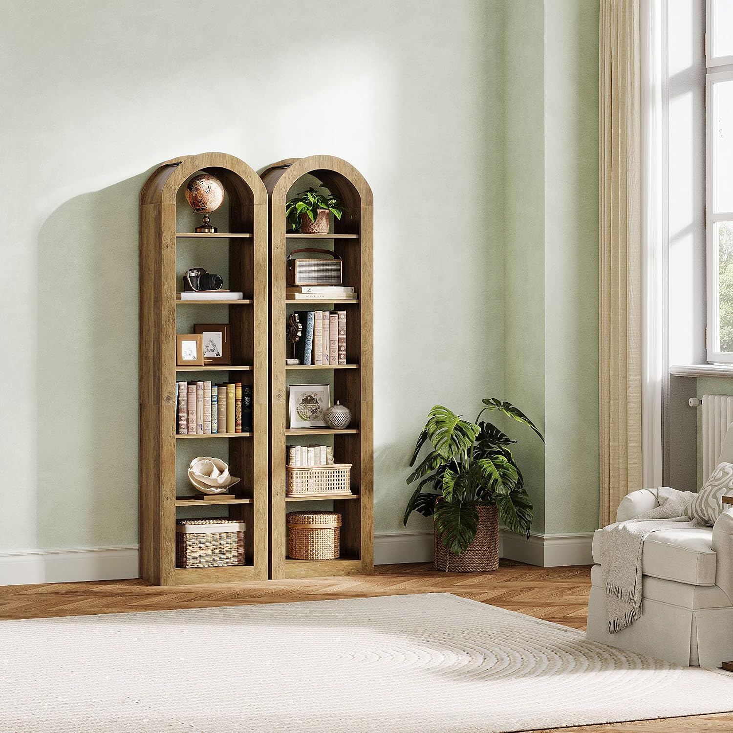 Tribesigns 74.8' Tall Arched Bookshelf, 6-Tier Narrow Open Bookcase, Floor Standing Corner Display Shelves Storage Organizer for Small Space, Home Office, Living Room (Rustic Brown, 2 PCS)