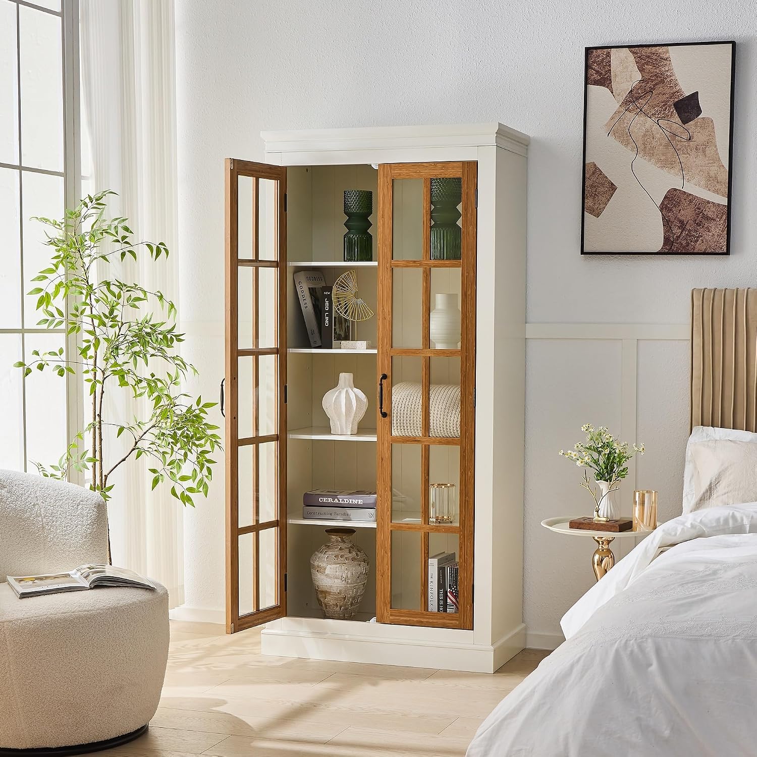 Merax 71.2'' Freestanding Farmhouse Style Glass Door Pantry Cabinet with Lattice Window, Curio Display Storage for Hallways, Living Room, Kitchen & Office,Brown & Black