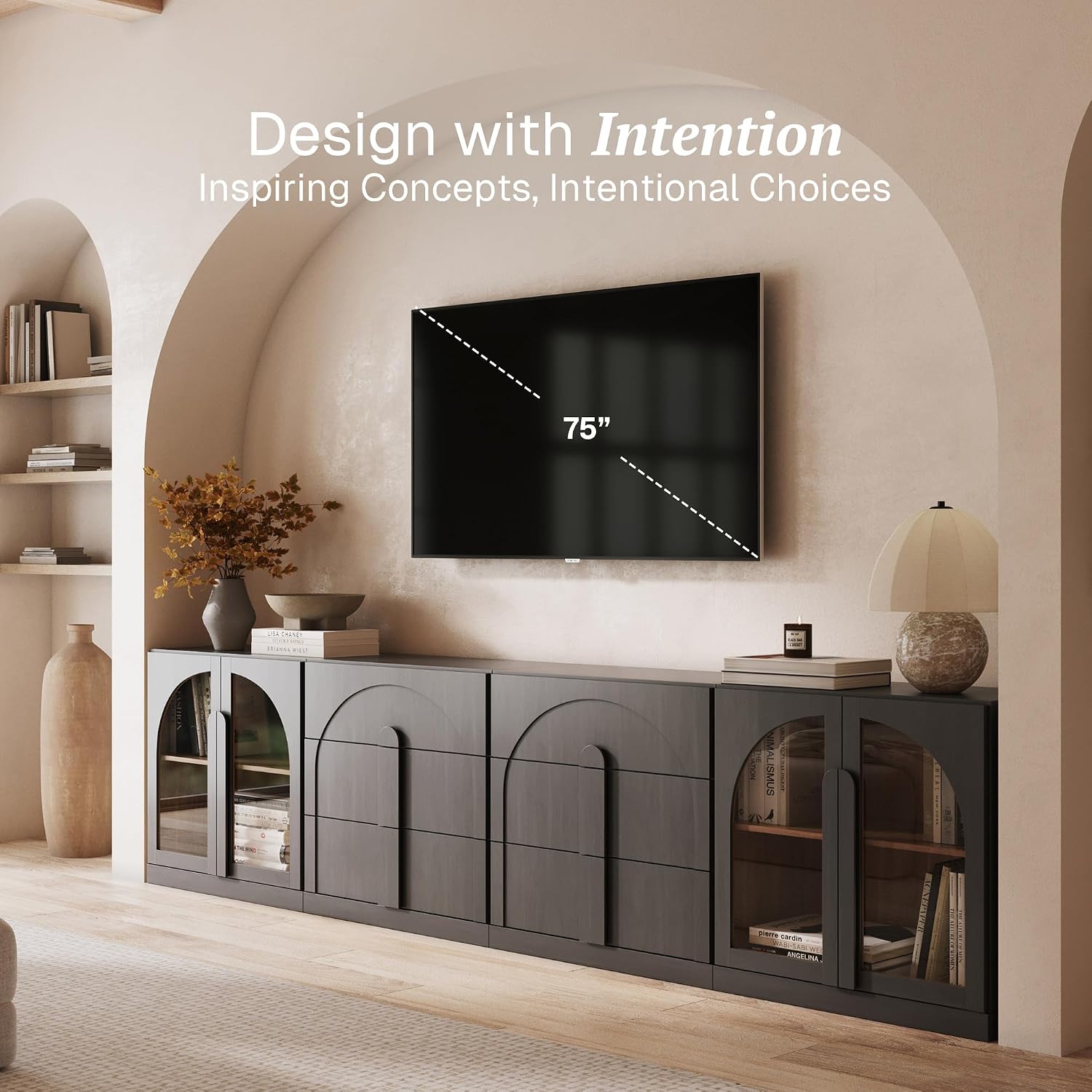 BELLEZE 4-Piece Modular Sideboard Buffet Cabinet Freely Configurable, Glass Door Storage with Adjustable Shelf and 3-Drawer Storage, Media Console Credenza for Living Room Kitchen, Ebony