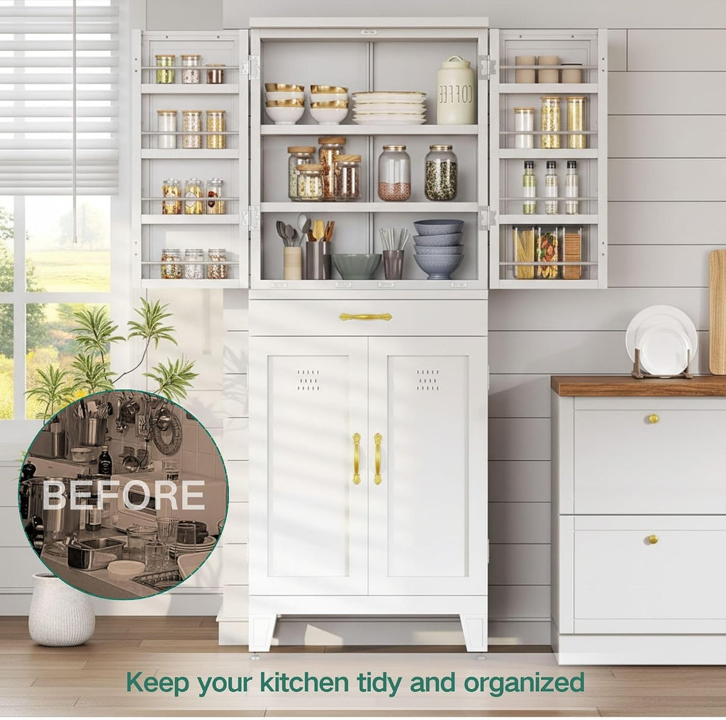 YITAHOME 71' Metal Kitchen Pantry Storage Cabinet with 4 Doors, 4 Adjustable Shelves, 1 Drawer and 8 Door Racks, Tall Freestanding Steel Cupboard for Home Kitchen Living Dining Room, White
