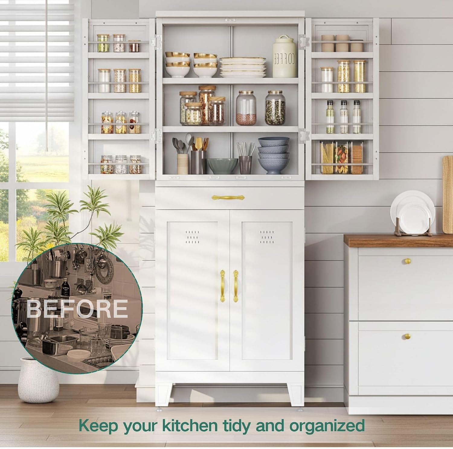 YITAHOME 71' Metal Kitchen Pantry Storage Cabinet with 4 Doors, 4 Adjustable Shelves, 1 Drawer and 8 Door Racks, Tall Freestanding Steel Cupboard for Home Kitchen Living Dining Room, White
