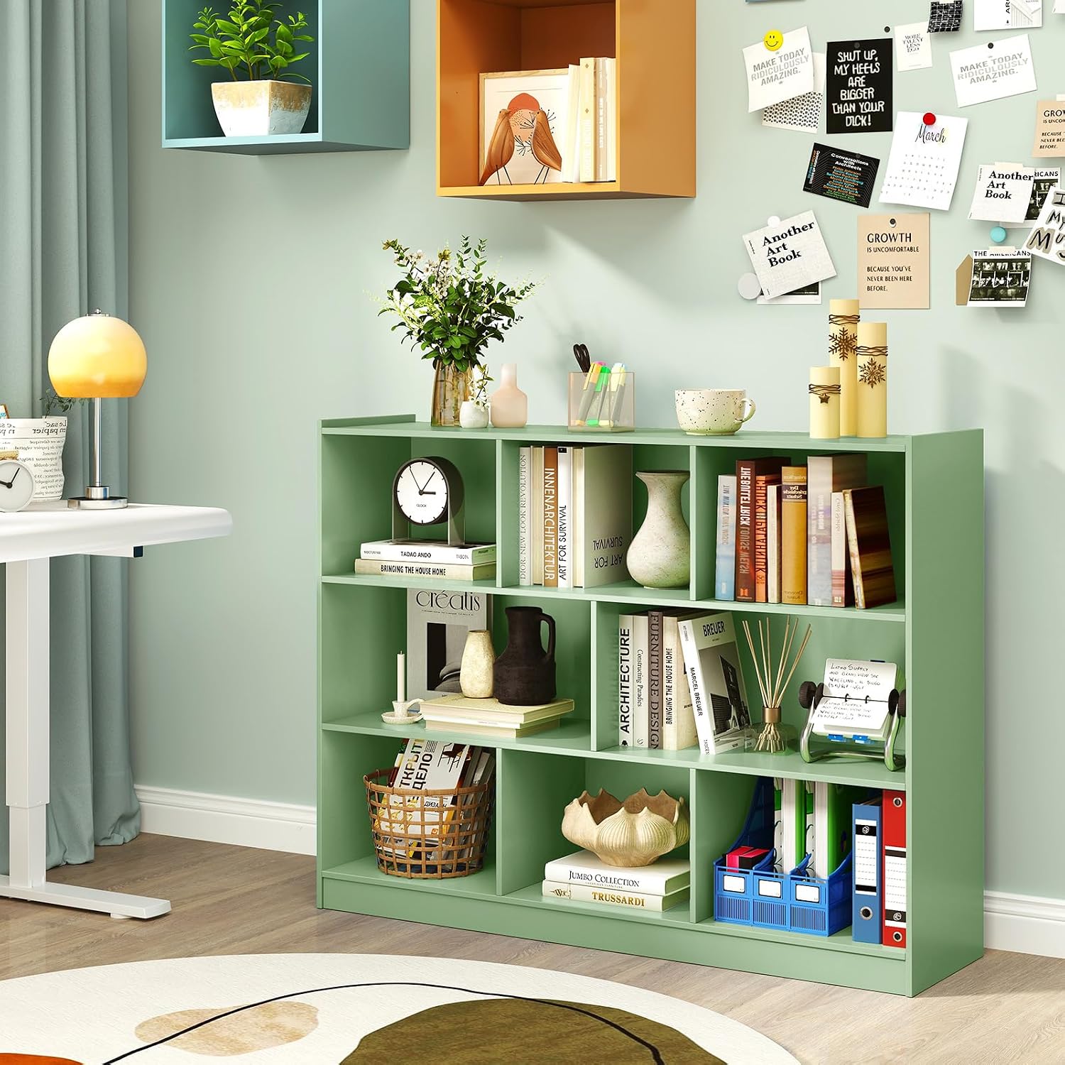 Giantex 8 Cube Bookcase, Freestanding 3-Tier Open Bookshelf, Modern Storage Display Cabinet, Wood Cube Storage Organizer for Living Room, Kid's Room, Mint Green