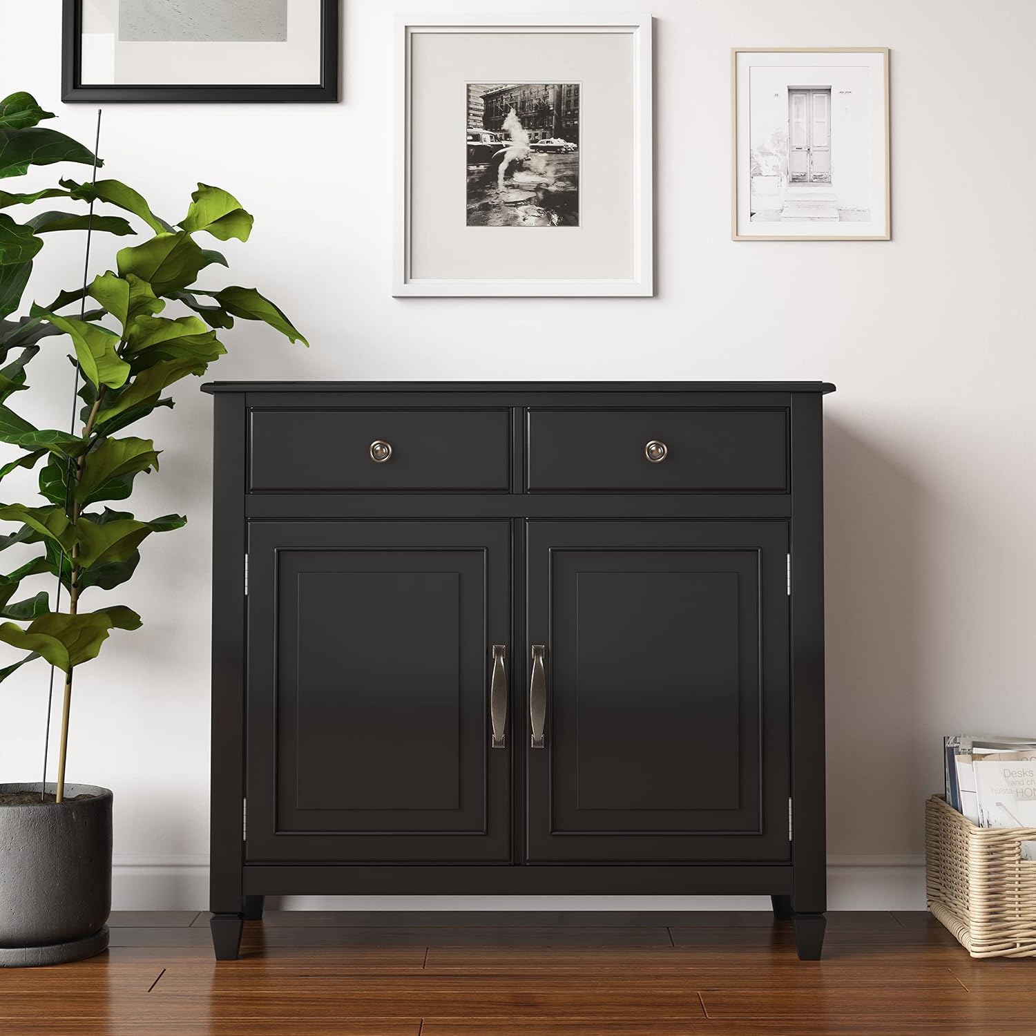 SIMPLIHOME Connaught 40-inch Wide Solid Wood Storage Cabinet in Black for Entryway, Living Room, Organizer for Hats, Gloves, Shoes, Keys, Slim Design, Traditional Style