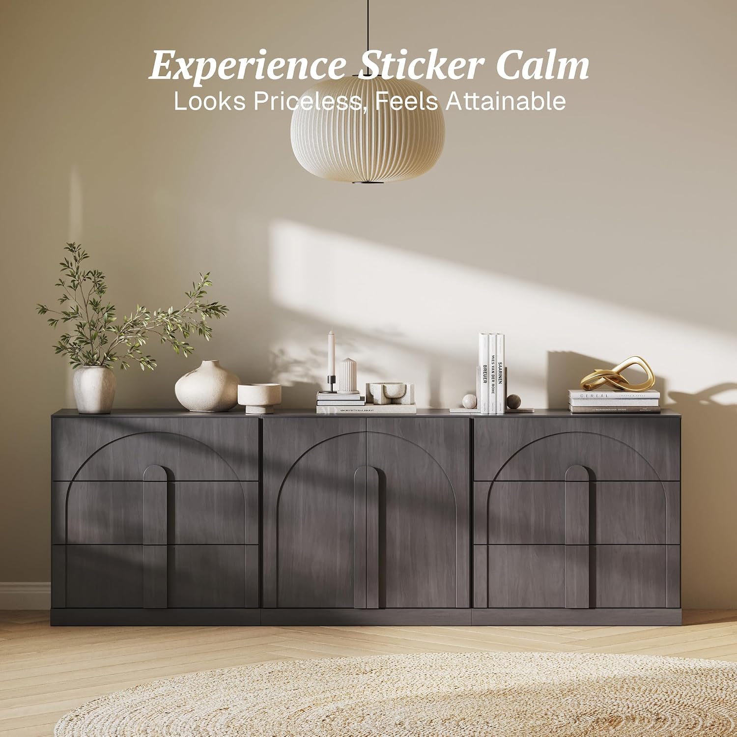 BELLEZE Modular Sideboard Cabinet Set, 3-Piece Modern Wood Buffet Cabinet Contain Arched Cabinet and 2 3-Drawer Storage, Freely Configurable Credenza for Living Room Kitchen, Ebony