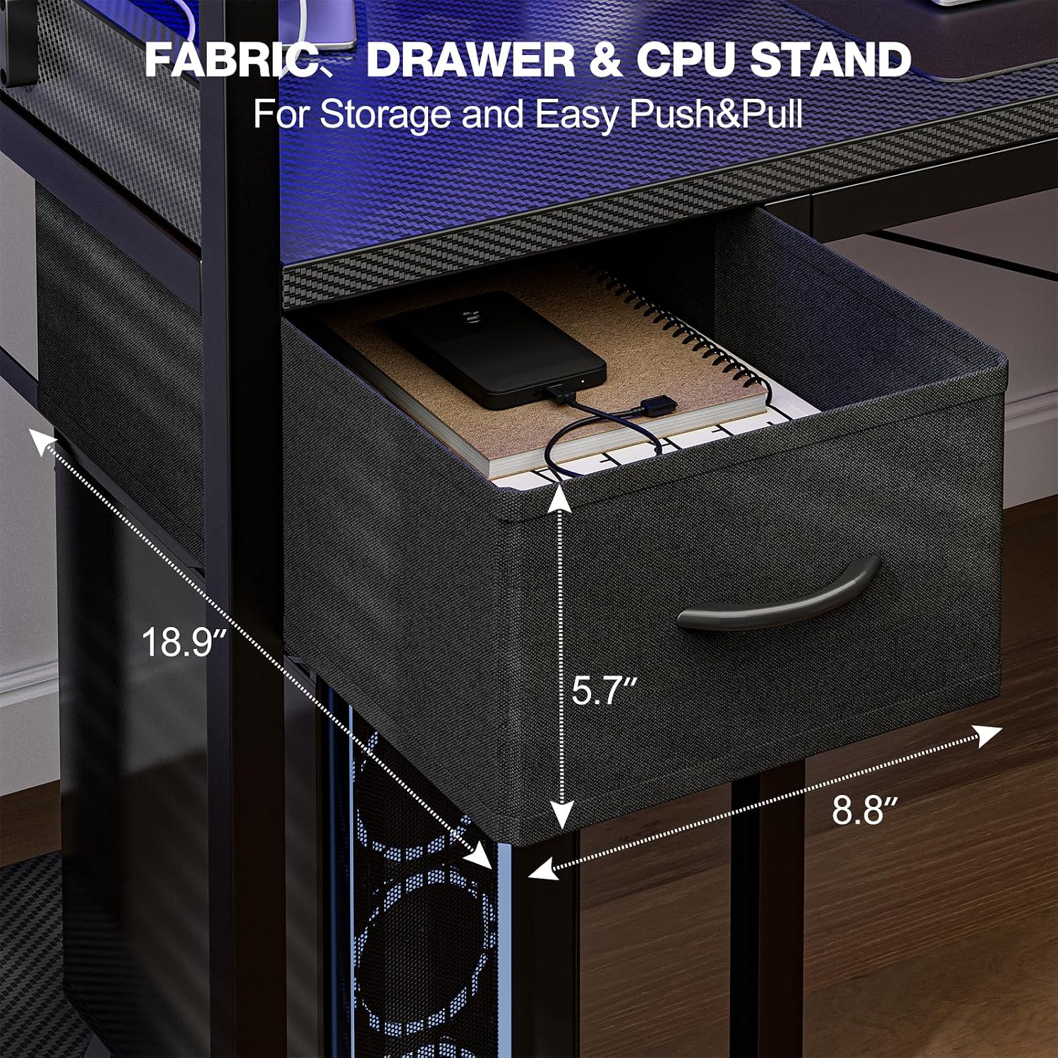 Grandder Gaming Desk 55 Inch with Power Outlet and LED Light, Computer Desk with Reversible Shelves and Storage Drawer, Pc Small Table for Home Office Table with Bag, Carbon Fiber Black