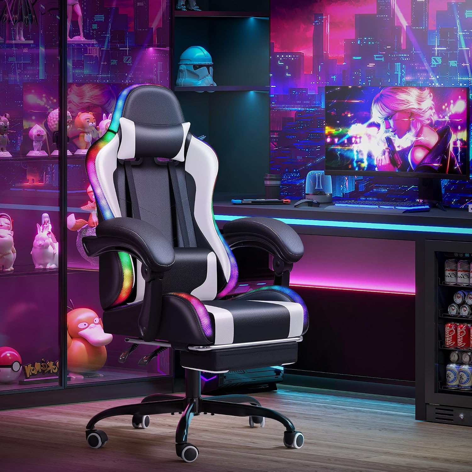 Homall Gaming Chair, Video Game Chair with Footrest and Massage Lumbar Support, Ergonomic Computer Chair Height Adjustable with Swivel Seat and Headrest (RGB Lvory)