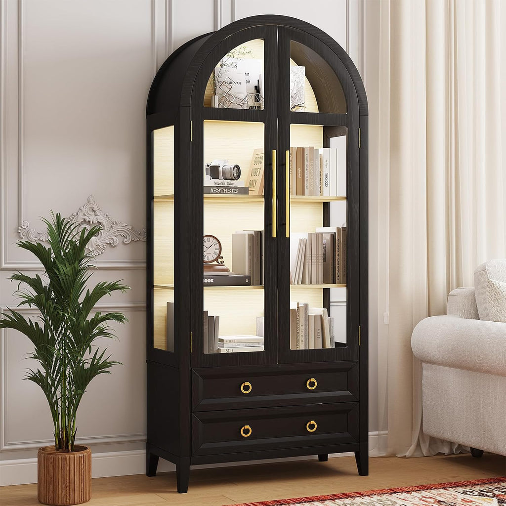 LVSOMT 71' Tall Arched Storage Cabinet with Glass Doors and Drawers, Curio Display Cabinet with Adjustable LED Light & Human Sensor, 4-Tier China Cabinet for Living Room(Black+Wood)