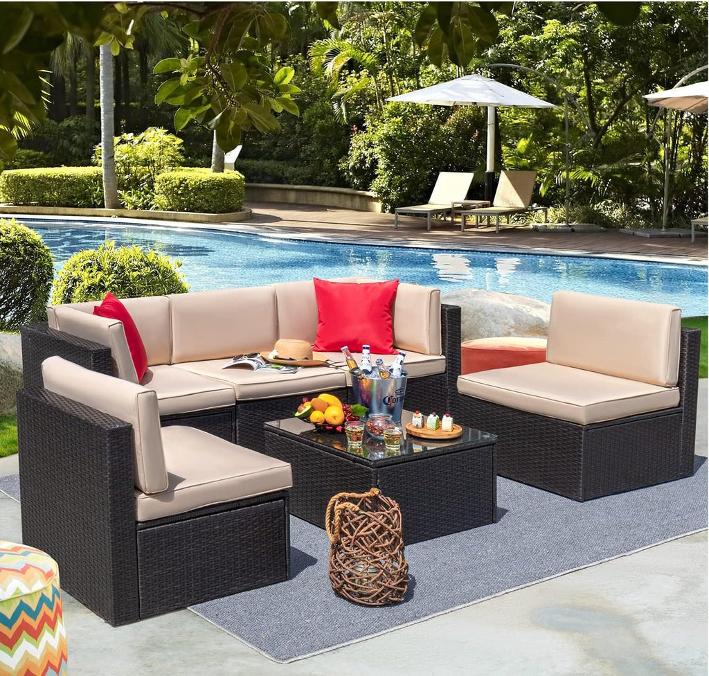 Devoko Patio Furniture Sets 6 Pieces Outdoor Sectional Rattan Sofa Manual Weaving Wicker Patio Conversation Set with Glass Table and Cushion (Beige)