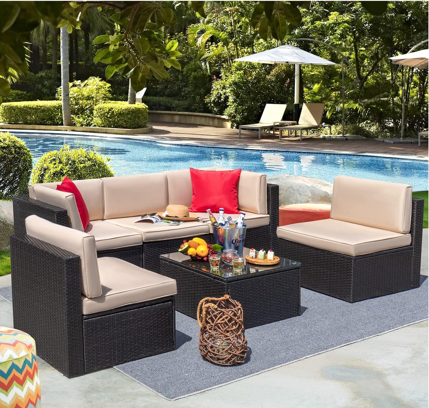 Devoko Patio Furniture Sets 6 Pieces Outdoor Sectional Rattan Sofa Manual Weaving Wicker Patio Conversation Set with Glass Table and Cushion (Beige)