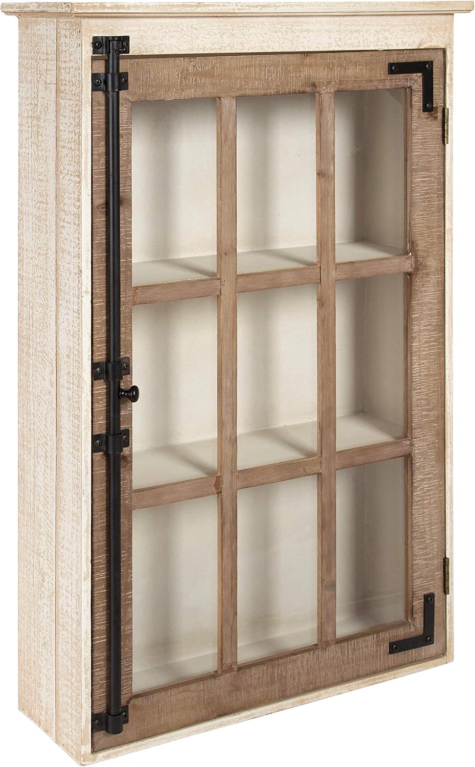 Kate and Laurel Hutchins Decorative Farmhouse Wood Wall Storage Cabinet with Window Pane Glass Door, Rustic and White