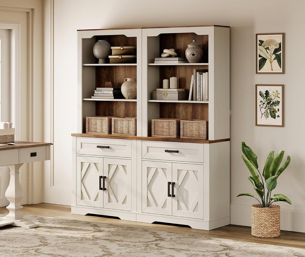 WAMPAT Farmhouse 5-Tier Bookcase with Barn Door Cabinets,73.3' Tall Standing Rustic Bookshelves,63' Wide Modern Farmhouse Display Storage Cabinet with Adjustable Shelves for Home,Office,Rustic White