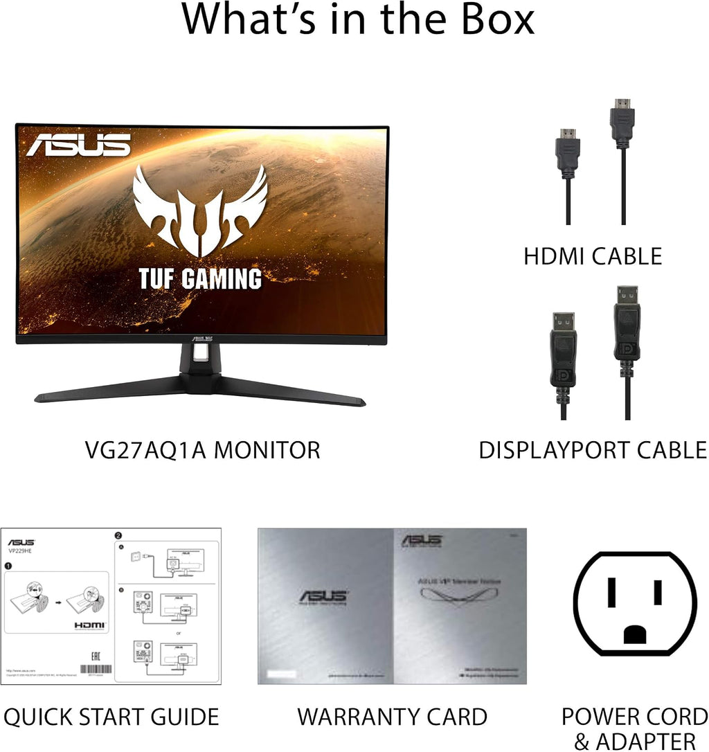 ASUS TUF Gaming 27' 2K HDR Monitor (VG27AQ1A) - QHD (2560 x 1440), IPS, 170Hz (Supports 144Hz), 1ms, Extreme Low Motion Blur, Speaker, G-SYNC Compatible, VESA Mountable, DisplayPort, HDMI