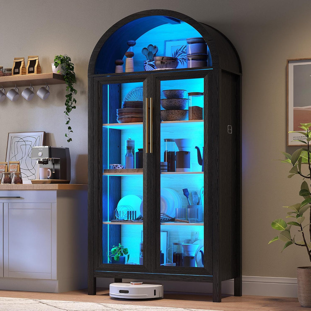 HWB Display Cabinet with Glass Doors, 5-Tier Tall Curio Cabinet with Lights for Collectibles, LED Display Case for Book/Medal/Figure, Black