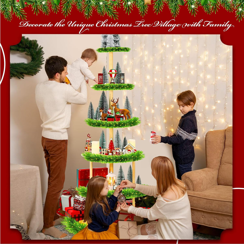 DoubleFill 6 Tier 72 Inch Christmas Tree Village Stand Christmas Bookshelf Display Supply Large Xmas Ornament Displays Tree Stands Xmas Wooden Display Trees Stand for Holiday Displays (Semicircle)