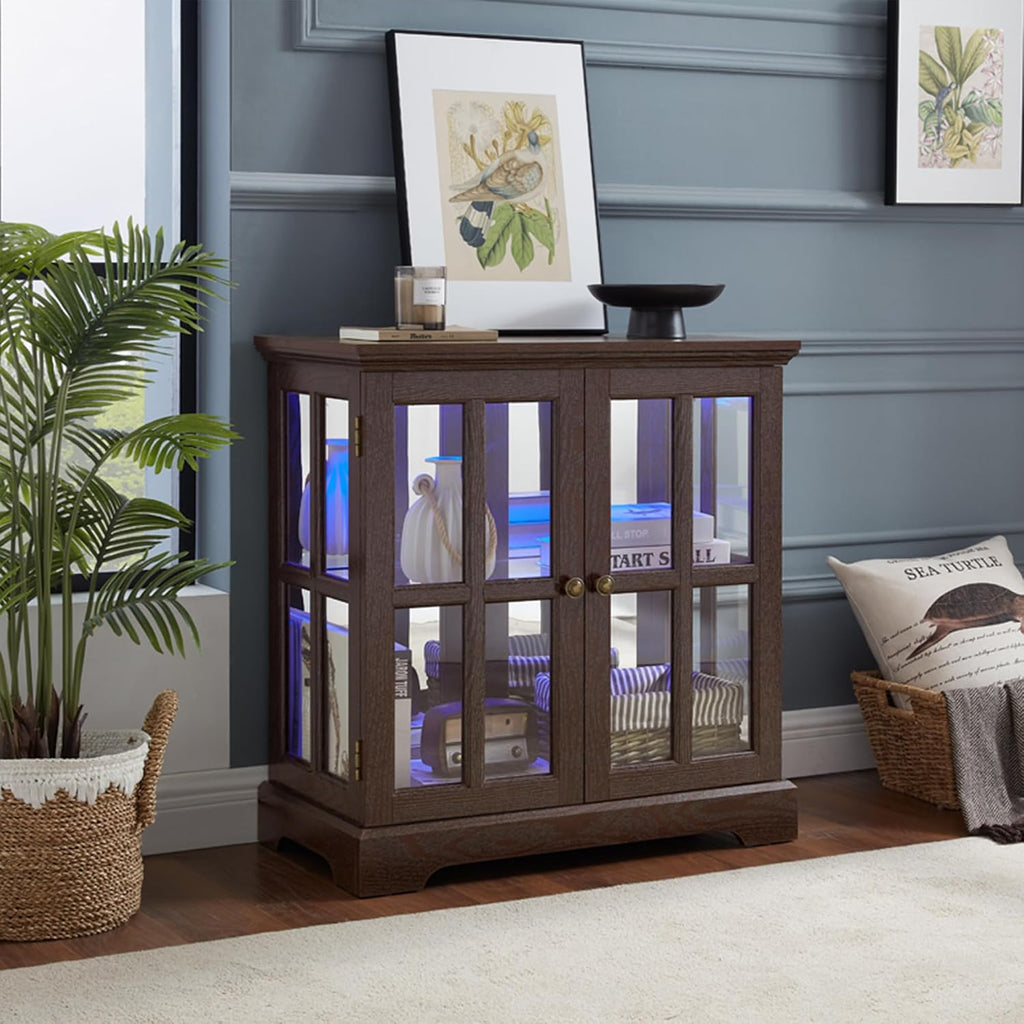 30' Glass Curio Display Storage Cabinet with LED Light, Modern 2 Lattice Doors Tableware Display Sideboard w/Adjustable Shelves, Retro Design Quality Showcase Bookcase for Home (Cherry)