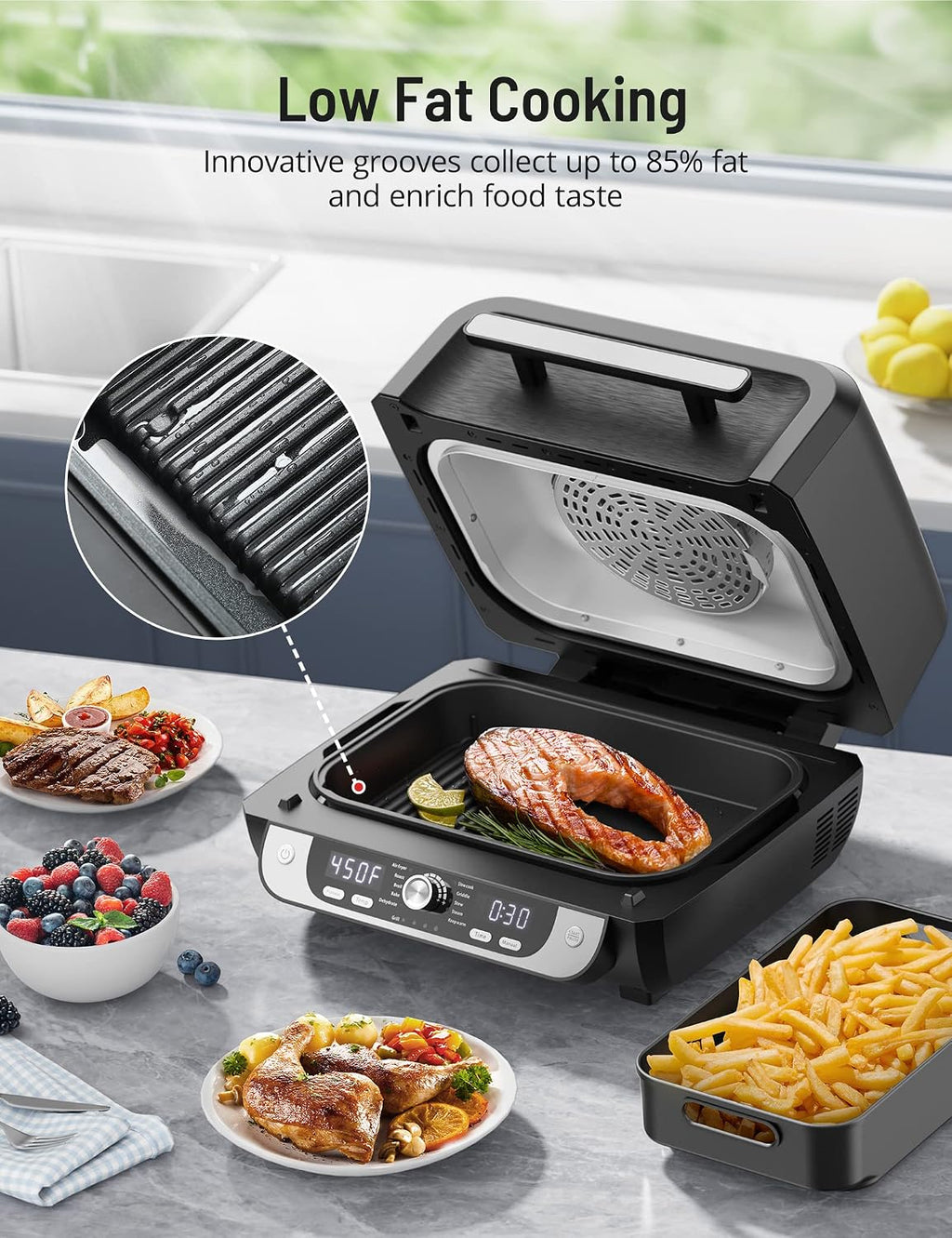 Paris Rhône Smokeless Indoor Grill & Air Fryer Combo, 12-in-1, Grill, Griddle, Air Fry, Broil, Bake, Crisp, Roast, Dehydrate, and more, Dual Heating Elements, Smart Thermostat, Easy Knob Control